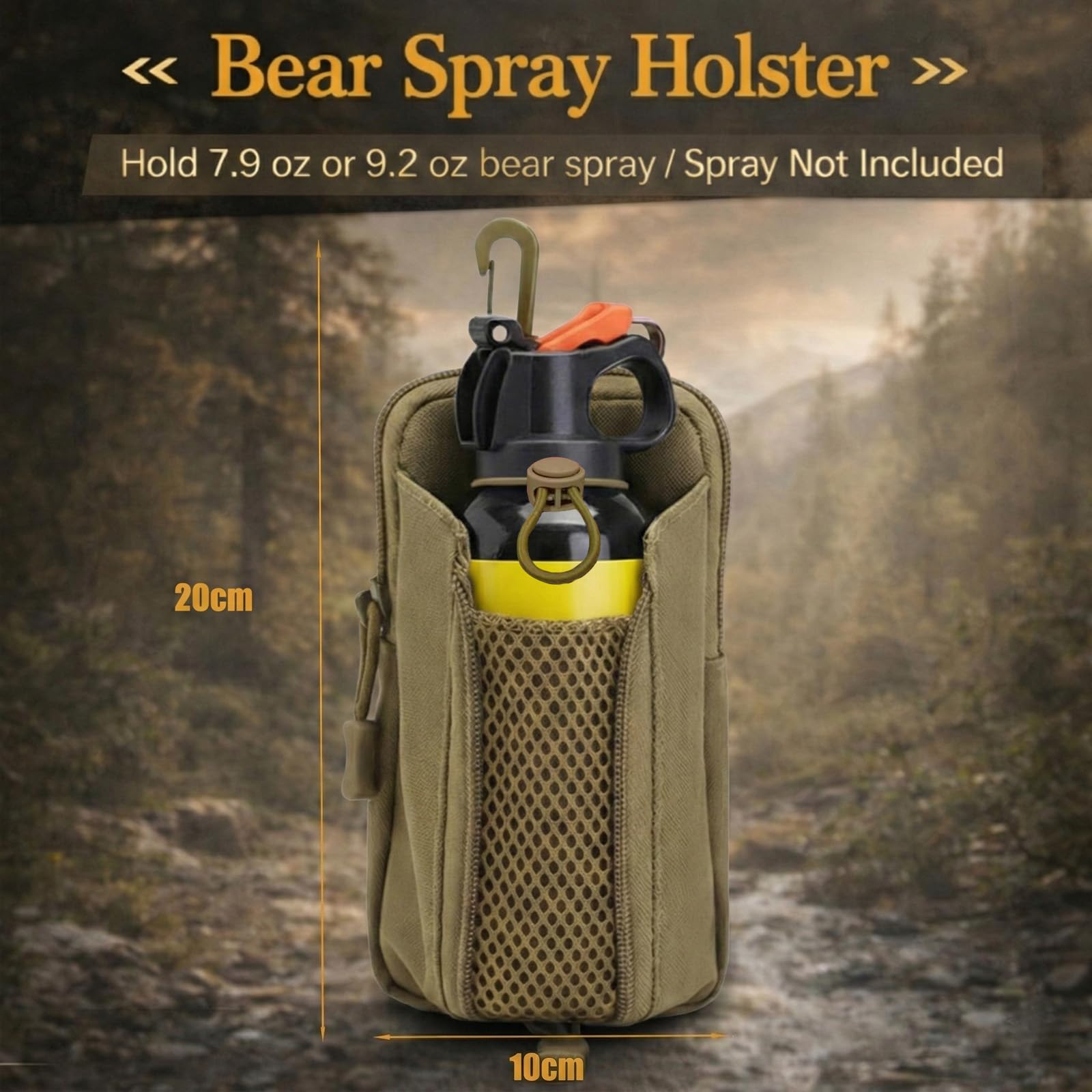 2-in-1 Bear Spray Holster with Zipper Phone Pocket, Fits 7.9-9.2oz Canisters, Nylon Bear Spray Holder for Belt & Backpack, Strong Elastic Tactical Gear for Hiking Camping Hunting - 3