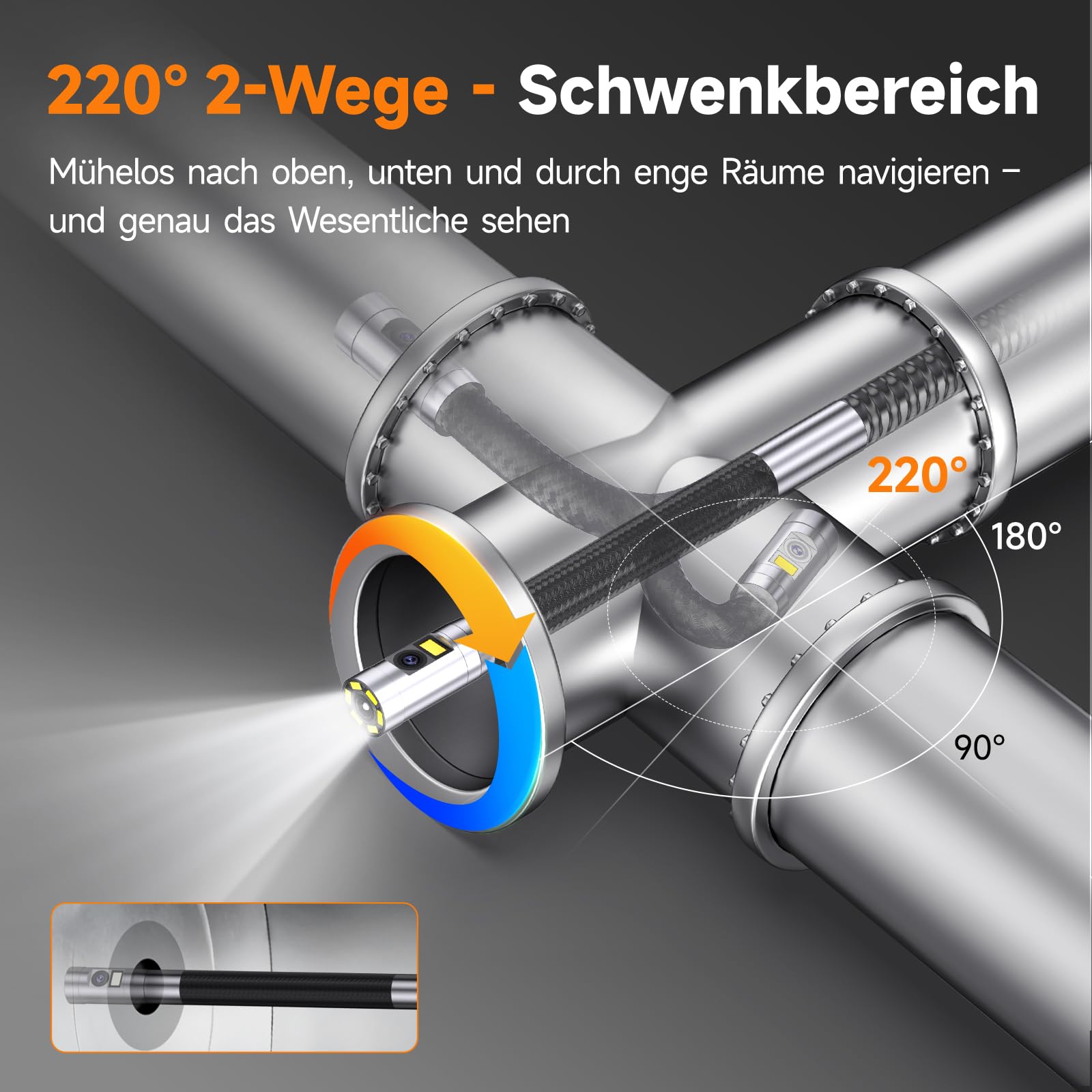 FOXWELL Dual Lens 220° Drehbar Endoskopkamera mit Licht, 3m 1080P Endoskop | IP67 Wasserdichtes Inspektionskamera, 7 LEDs, 32GB Karte, 3m Schwanenhals Endoskopkamera Beweglicher Kopf, 1080P HD Video