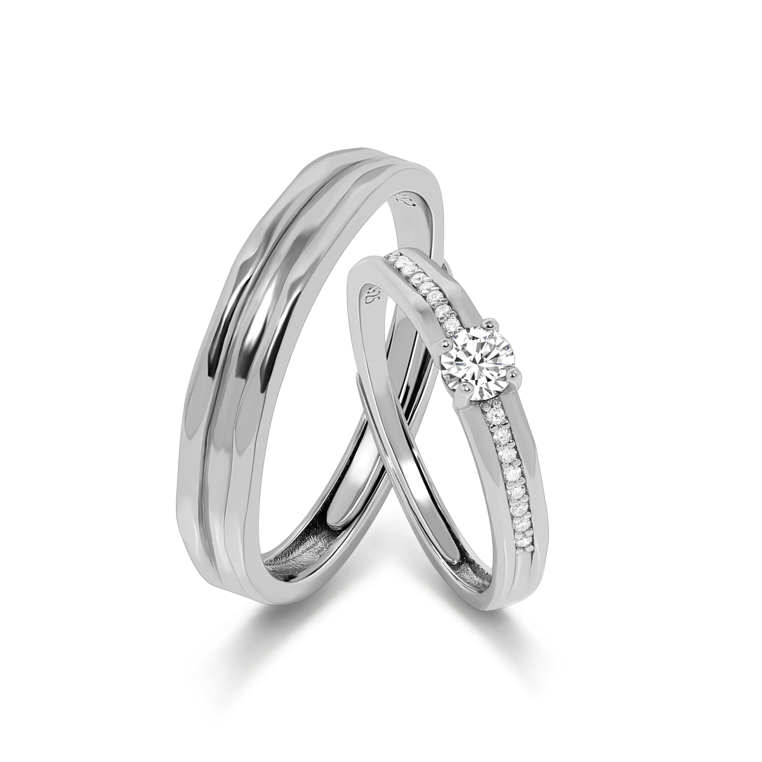 Meissa 925 Stelring Silver Wide Wedding Band for Men Handmade Diamond Ring for Women Matching Promise Rings Size Adjustable Couple Ring Set, Set of Two Rings