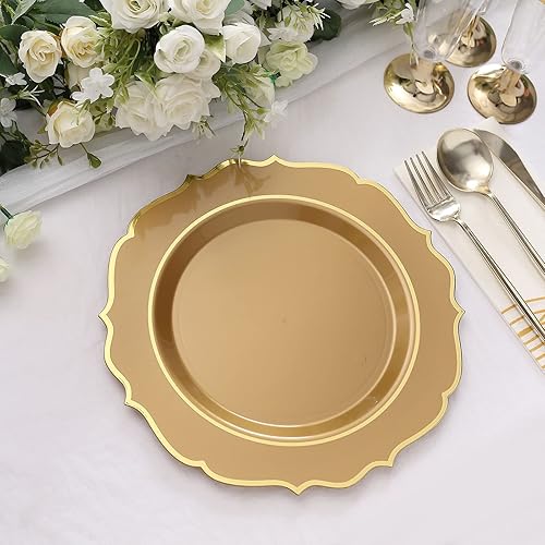 Tableclothsfactory Paquete de 10 platos desechables de plástico dorado de 10 pulgadas con borde festoneado dorado para bodas, recepciones al aire