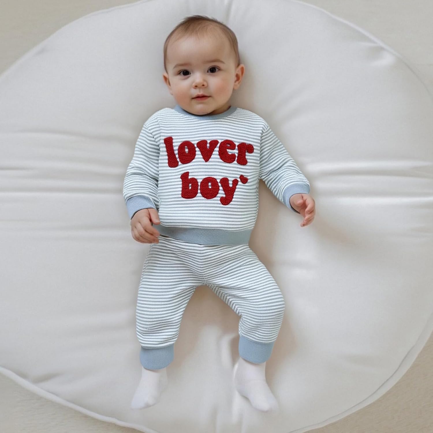 Toddler Baby Boy Valentines Day Outfit Lover Boy Embroidery Waffle Knit Long Sleeve Sweatshirt and Pants Set - Image 4
