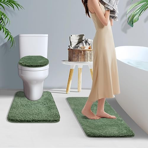 Miniatura 3 de Juego de alfombras de baño de 3 piezas con funda ajustable para asiento de inodoro de 17.5 x 15 pulgadas, lavable a máquina, con base de goma TPR