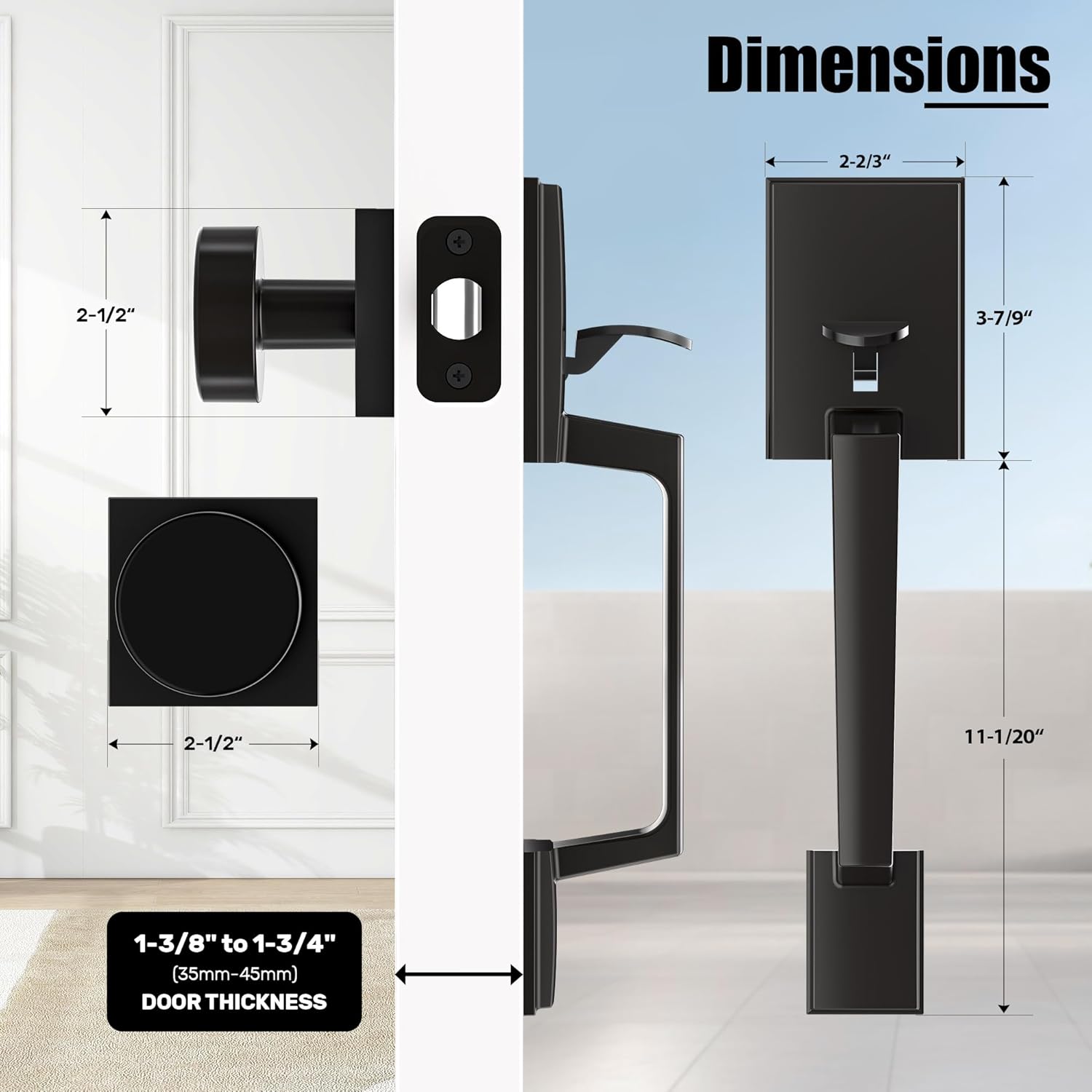 Matte Black Front Door Handle Set, Entry Handleset Exterior with Interior Reversible Door Knob, Non-Locking