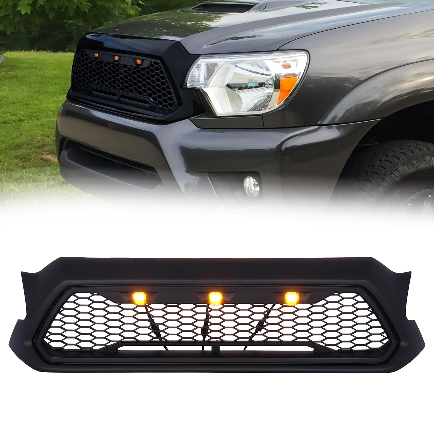 KARPAL Front Upper Mesh Grille LED Grill Compatible with 2012-2015 Toyota Tacoma w/LED Lights Black