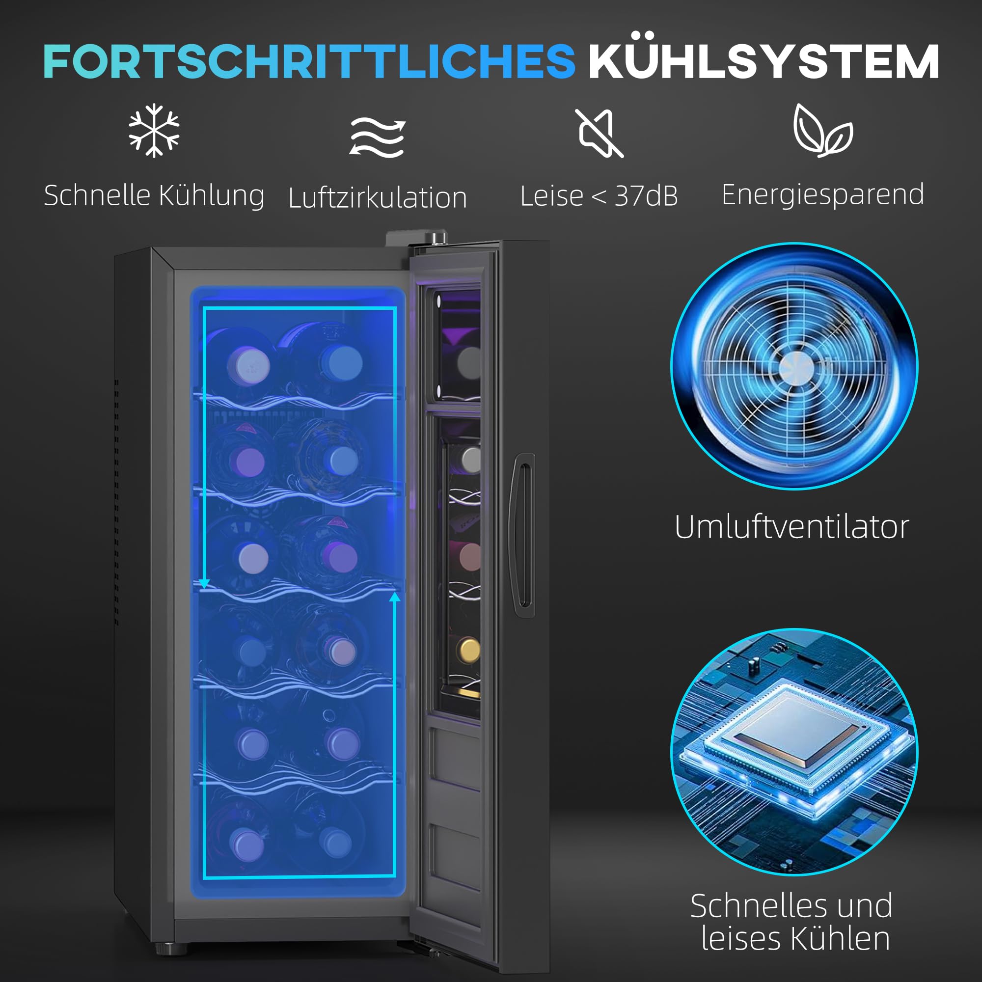 HOMCOM Weinkühlschrank Kompressor 12 Flaschen 30L Getränkekühlschrank 8-18°C Touchscreen Glastür LED-Beleuchtung Schwarz