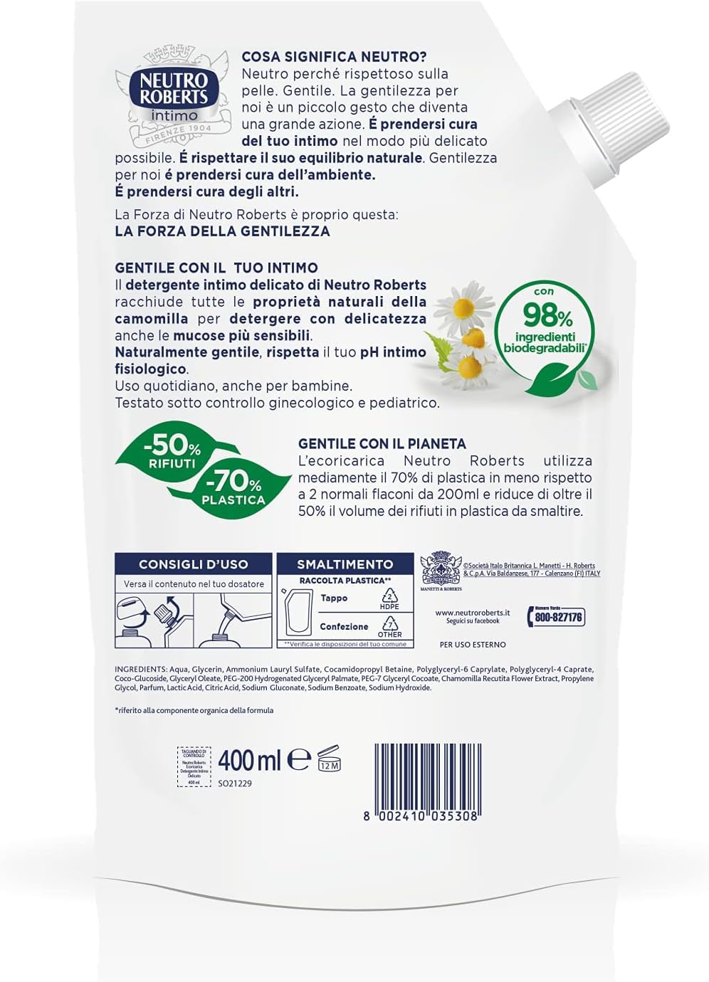 Neutro Roberts, Ecoricarica Detergente Intimo Delicato, Ricarica Detergente per l'Igiene Intima con Camomilla, 100% Naturale - Adatto a Pelli Sensibili, Per Donne e Bambini - Flaconi da 400 ml