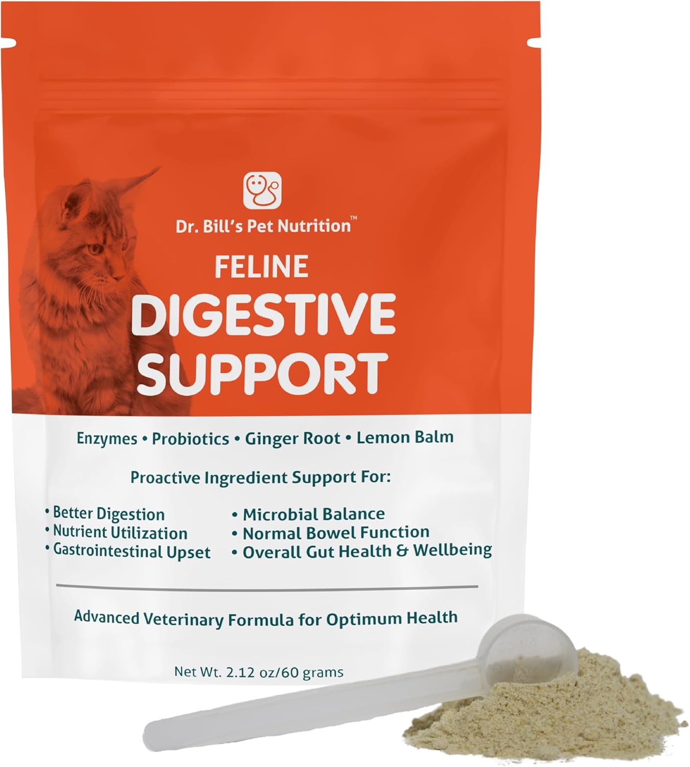 Product image of Dr. Bill's Feline Digestive Support Cat Prebiotics and Probiotics with Ginger Root, Psyllium Husk, Lemon Balm & More | 41 Active Ingredients for Better Digestion & Gut Health | Made in The USA