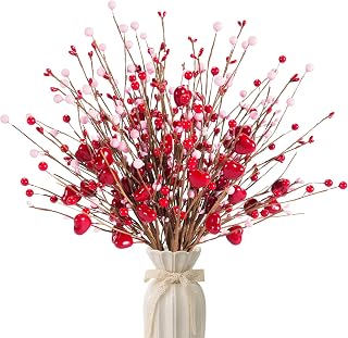 Valentines Day Decorations Valentine's Day Gifts 24 Pack Red Heart Shaped Berry Picks with Pink Berries for Valentine Wedding Candlelight Dinner Anniversary Decorations (Red)