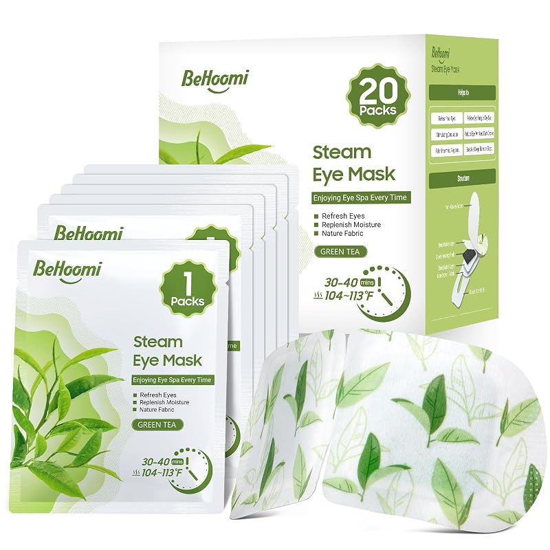 BeHoomi Máscara Térmica para os Olhos com Aquecimento Automático, Chá Verde, Pacote com 20 unidades