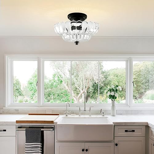 Miniatura 7 de Luces de Techo Montaje Semi Empotrado Luz de Techo, Luz de Techo Moderna Negra con Vidrio Blanco, Accesorio de Luces de Techo Adecuado para