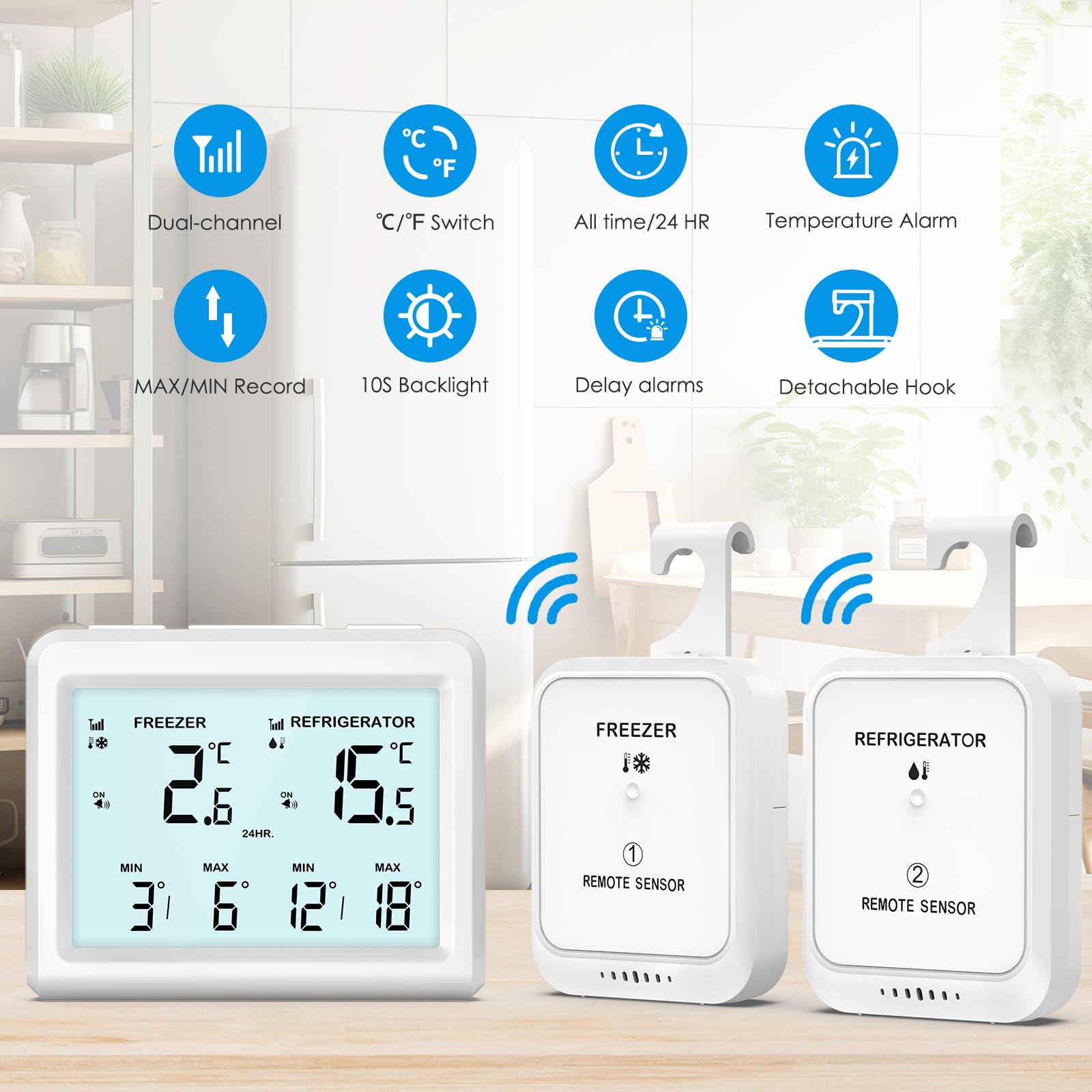 Brifit Thermomètre Frigo, Thermometre Congelateur avec 2 Capteurs, Thermometre Réfrigérateur avec Fonction Alarme et MIN/MAX, ℃/℉, Thermomètre Connecté Alarme Congélateur pour Cuisine, Maison, Bars