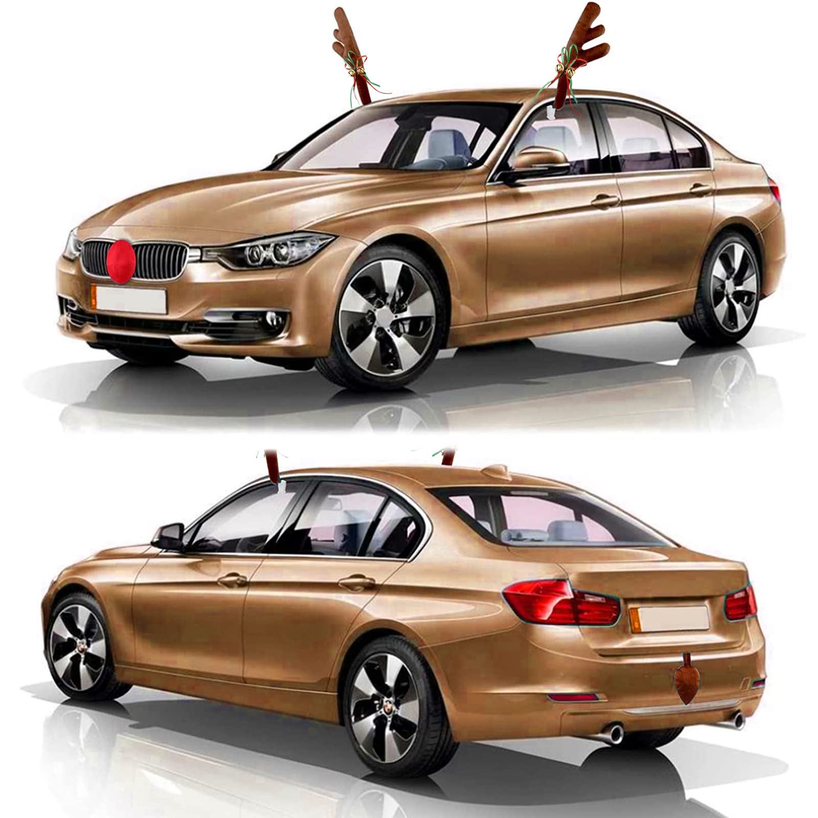 Amzeeniu Voitures Rennes de Noël,Decoration Noel Voiture,Bois de Voiture,Voiture Renne Rudolf Décoration de Noël pour Voiture Costume de Renne pour Camion Van SUV avec Queue 45cm Bois de Renne Brun