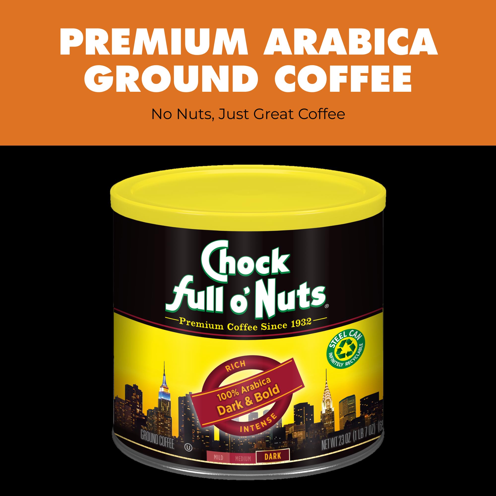 Chock Full o' Nuts Dark & Bold Ground Coffee – Premium Beans in Recyclable Steel Can – Rich Flavor & Aroma, Dark Roast – Perfect for Drip, Pour-Over, Percolator – 23 Oz Can (Pack of 2)