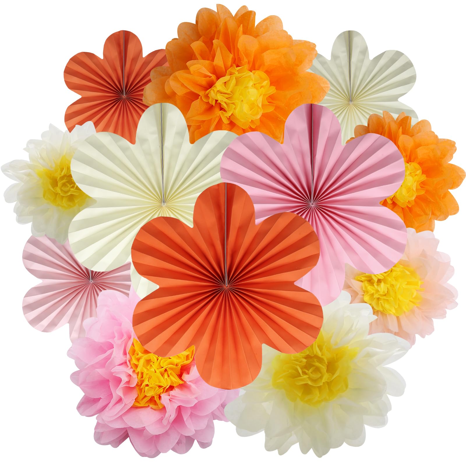 BestoFun 12PCS Paper Flowers Fans Pink Orange Party Decorations Tissue Paper Flowers Decorations for Girl Groovy Birthday Baby Shower Wedding Bachelorette Room Wall Hanging Décor