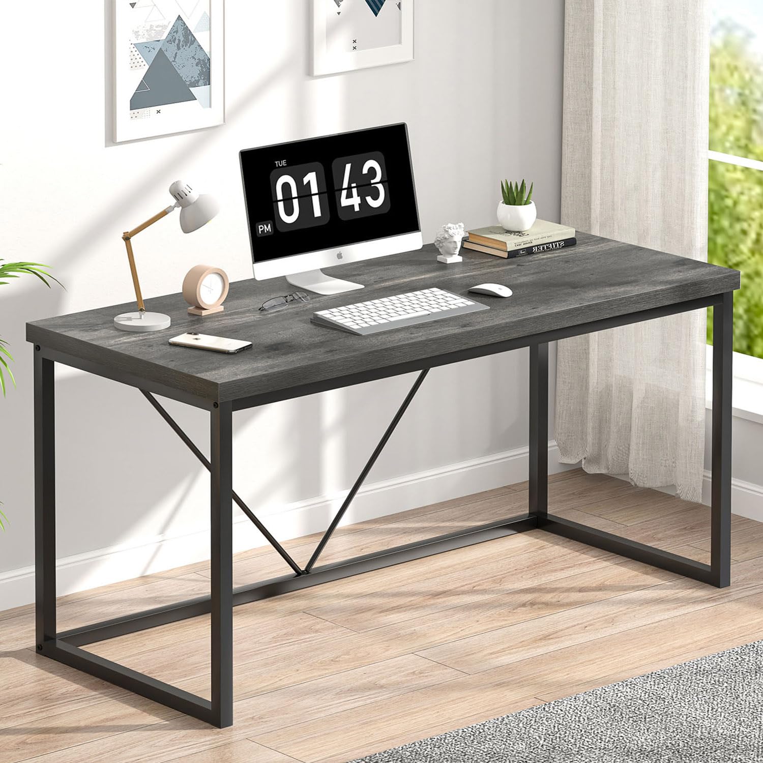 EXCEFUR Modern Home Office Desk, Wood and Metal Computer Desk, Industrial Writing Study Gaming Table for Living Room Bedroom, Rustic Grey, 53 inch