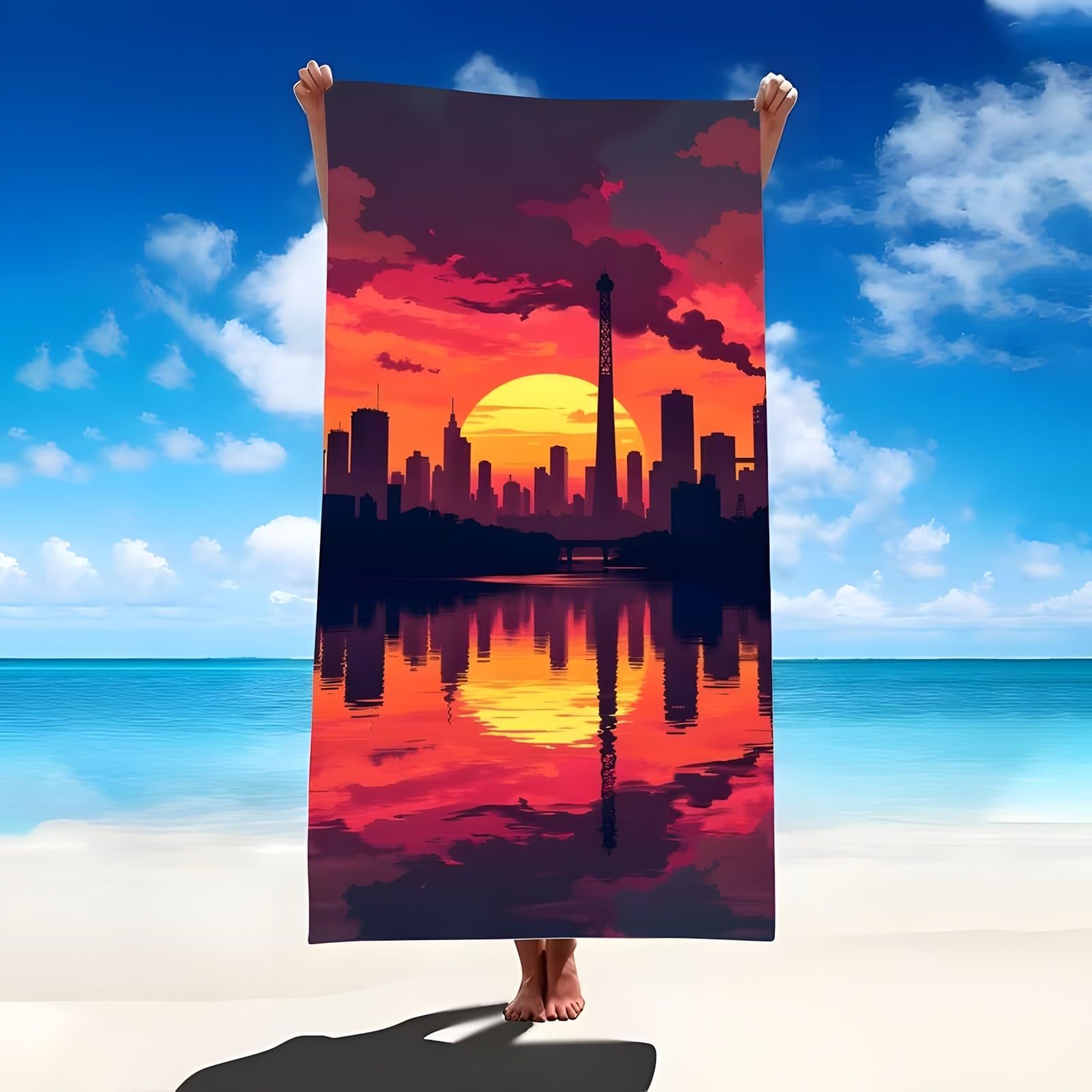 YZQGLHP City Microfibre Beach Towel Sunset Beach Bath Towel Quick Drying, Lightweight, Sand-Free, Durable, for Pool, Gym, Camping, Travel Towel 90x200cm