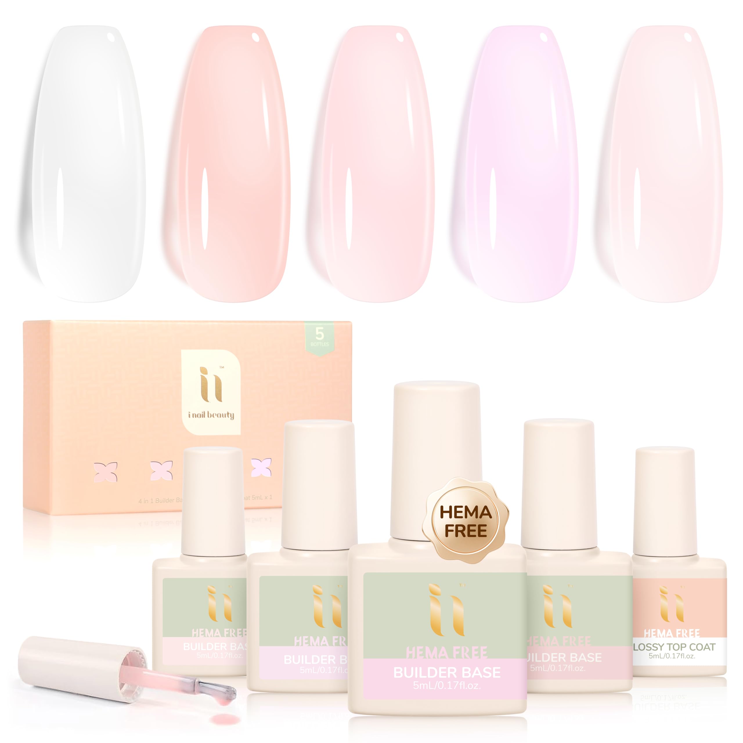 idyllbeauty Rubber Base Builder Gel Strengthener Kit, With No Wipe Top Coat UV LED Curing, Hema Free, Vegan, Shinning Nude Pink Soak Off Gel Nail
