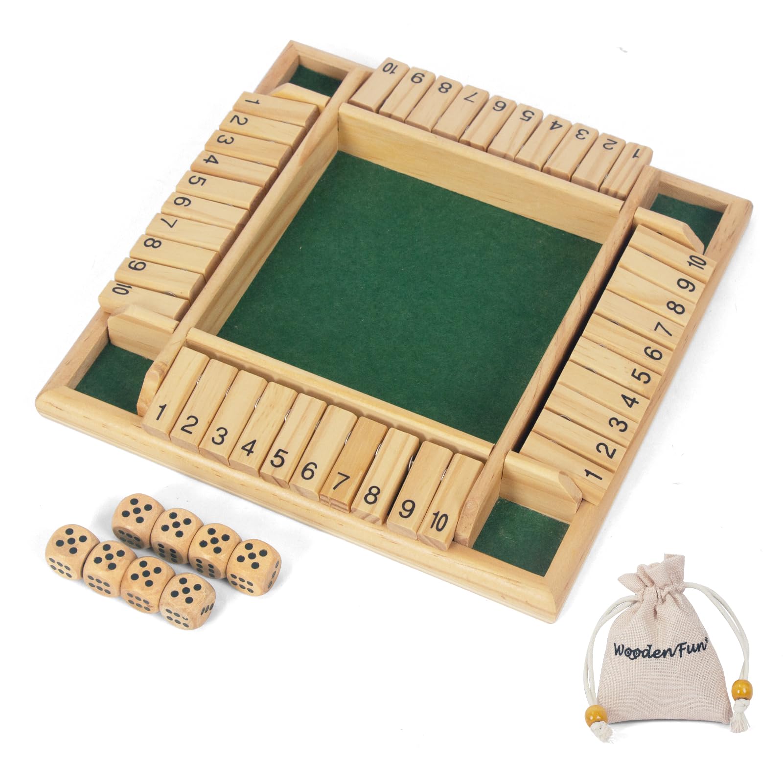 WOODENFUN 2-4 Players Shut The Box Game with 8 Dice Wooden Board Game Wooden Table Party Game Dice Game Math Games for Children and Adults
