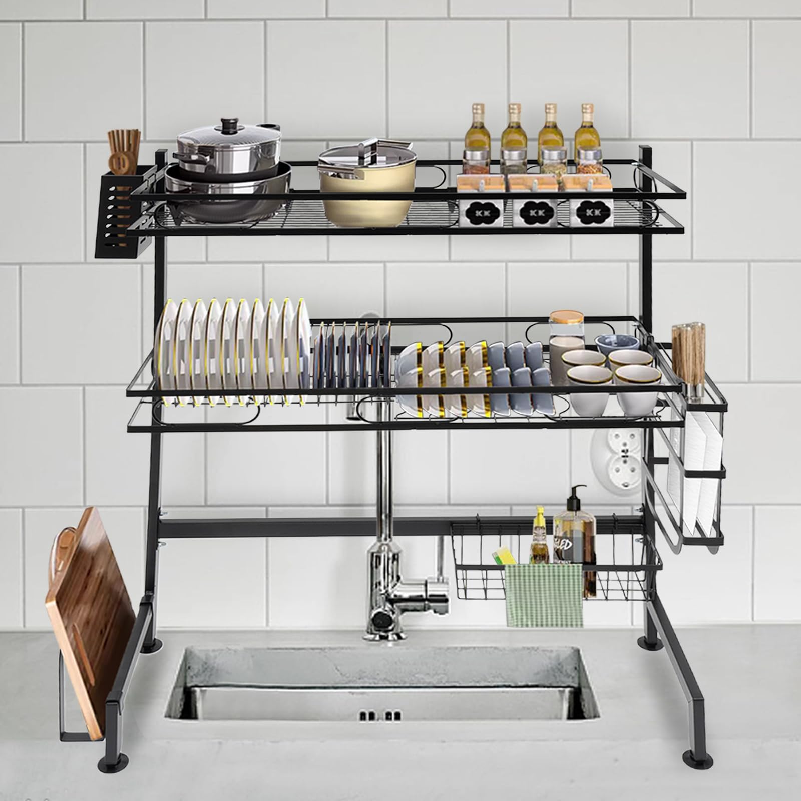 Geschirrabtropfgestell Edelstahl Double Layer Sink Storage Rack Komplettes Set Trockengestell Geschirr Abtropfständer für Küche (62cm)