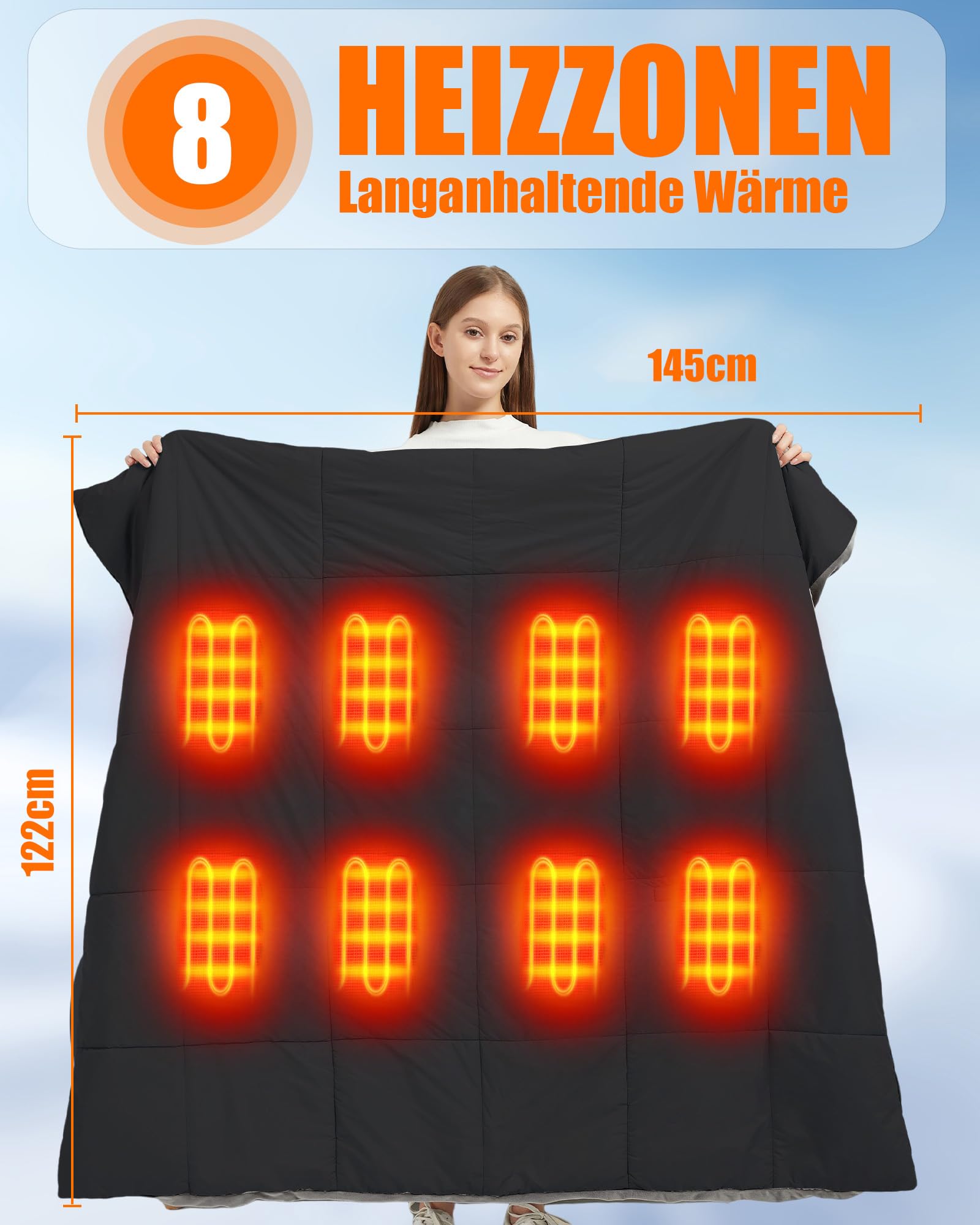 CYCYHEAT 7.4V 20000mAh Akku Heizdecke Kabellos, Elektrische Wärmedecke mit 8 Heizzonen 3 Temperaturstufen