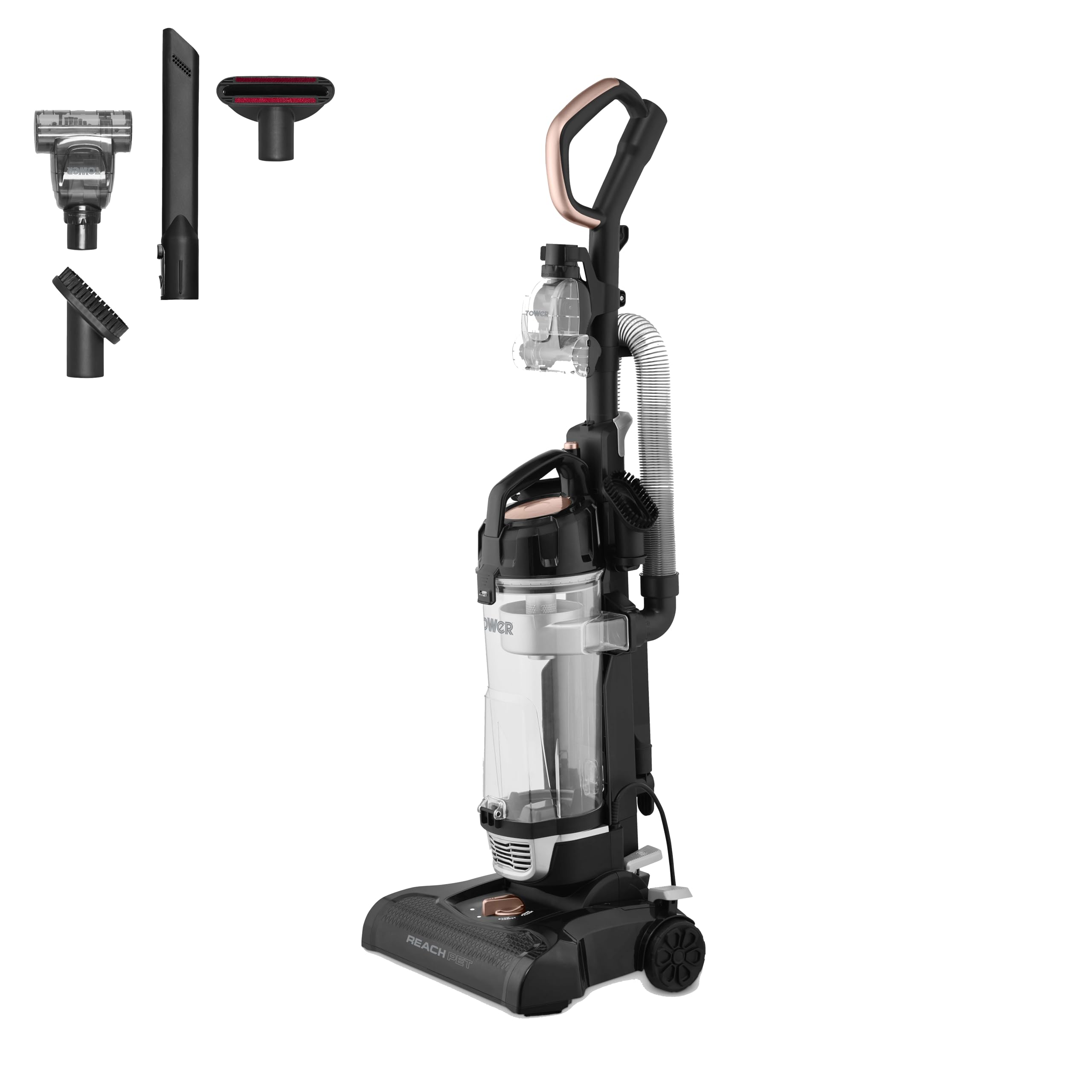 Tower RXP30PET Reach Bagless Upright Vacuum Cleaner with Cyclonic Technology, Washable Filter, 2-in-1 Crevice Tool & Floor Brush, Pet Attachment, 4L Dust Capacity, 400W, Blush Gold, T108001BLGPET