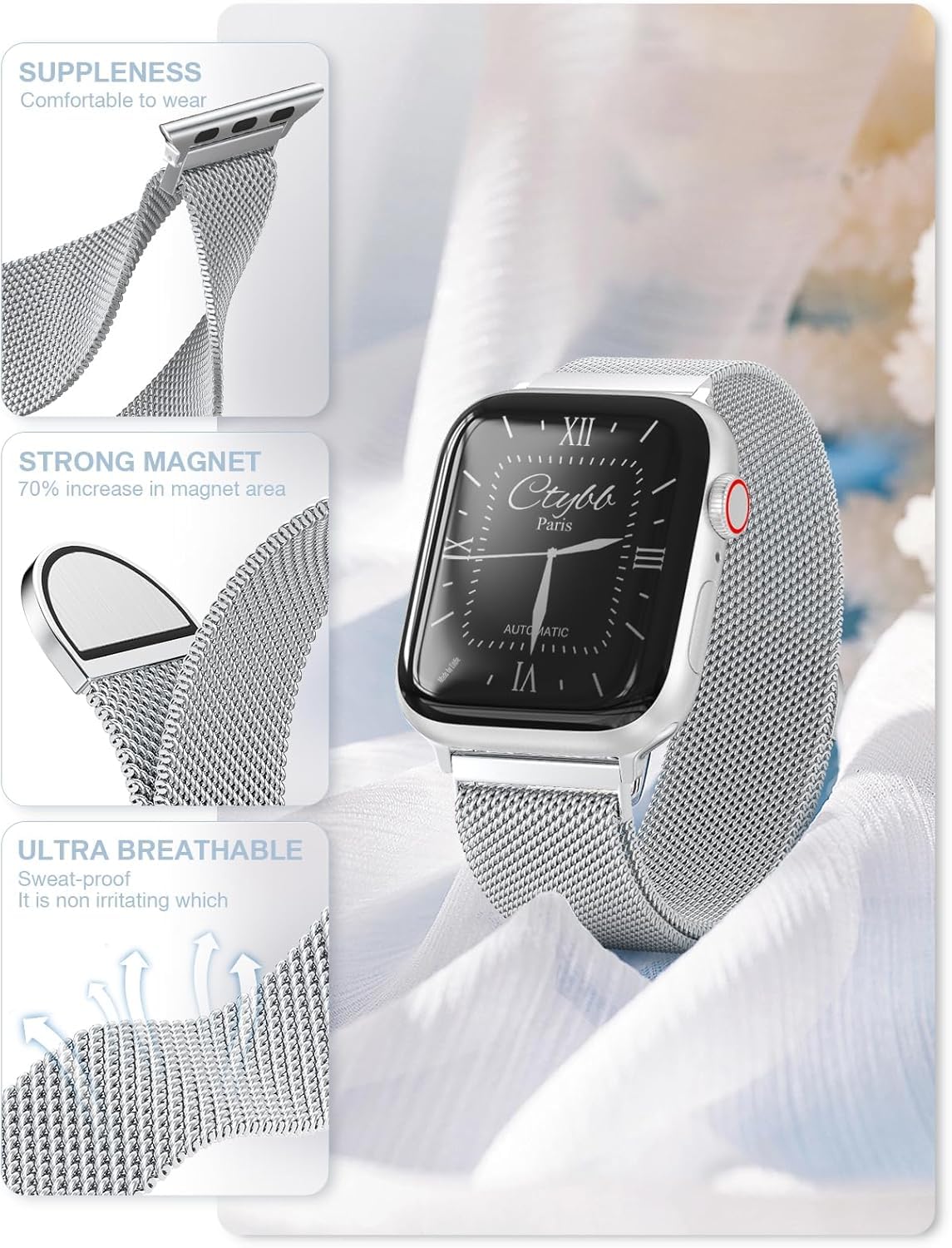 ORRLBB Cinturini Brevettato compatibile con Cinturino Apple Watch Donne Uomo Serie 10 9 8 7 6 5 4 3 SE2 SE Ultra2 Ultra, Loop in maglia milanese per iWatch 49mm 46mm 45mm 44 mm 42 mm 41 mm 40mm 38mm