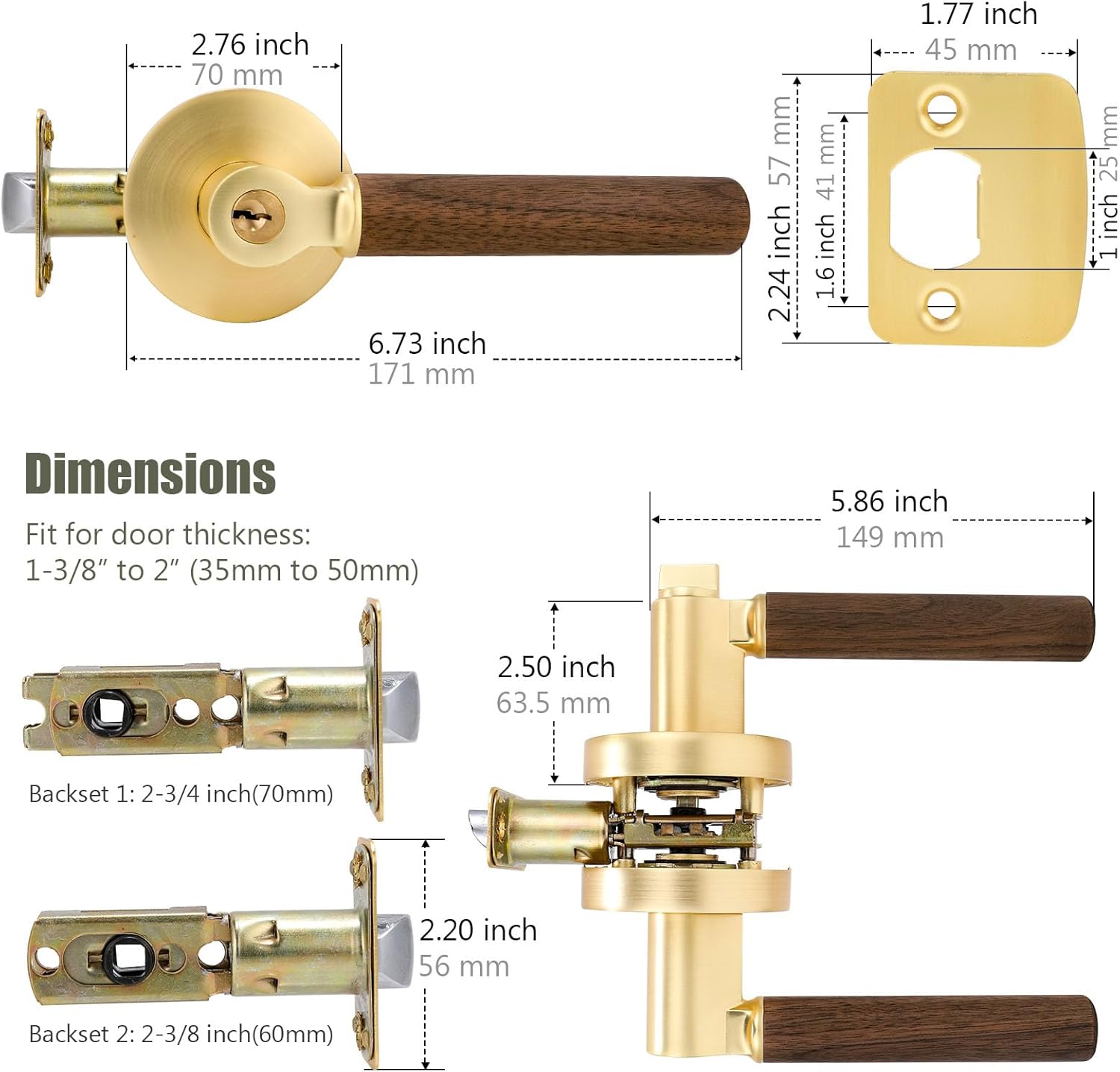 Walnut Wood Entry Door Lever - Secure Keyed Reversible Lever for Front Entrance & Bedrooms Gold Room Door Lock Zinc Alloy Base (1 Pack, Stain Brass, Keyed)