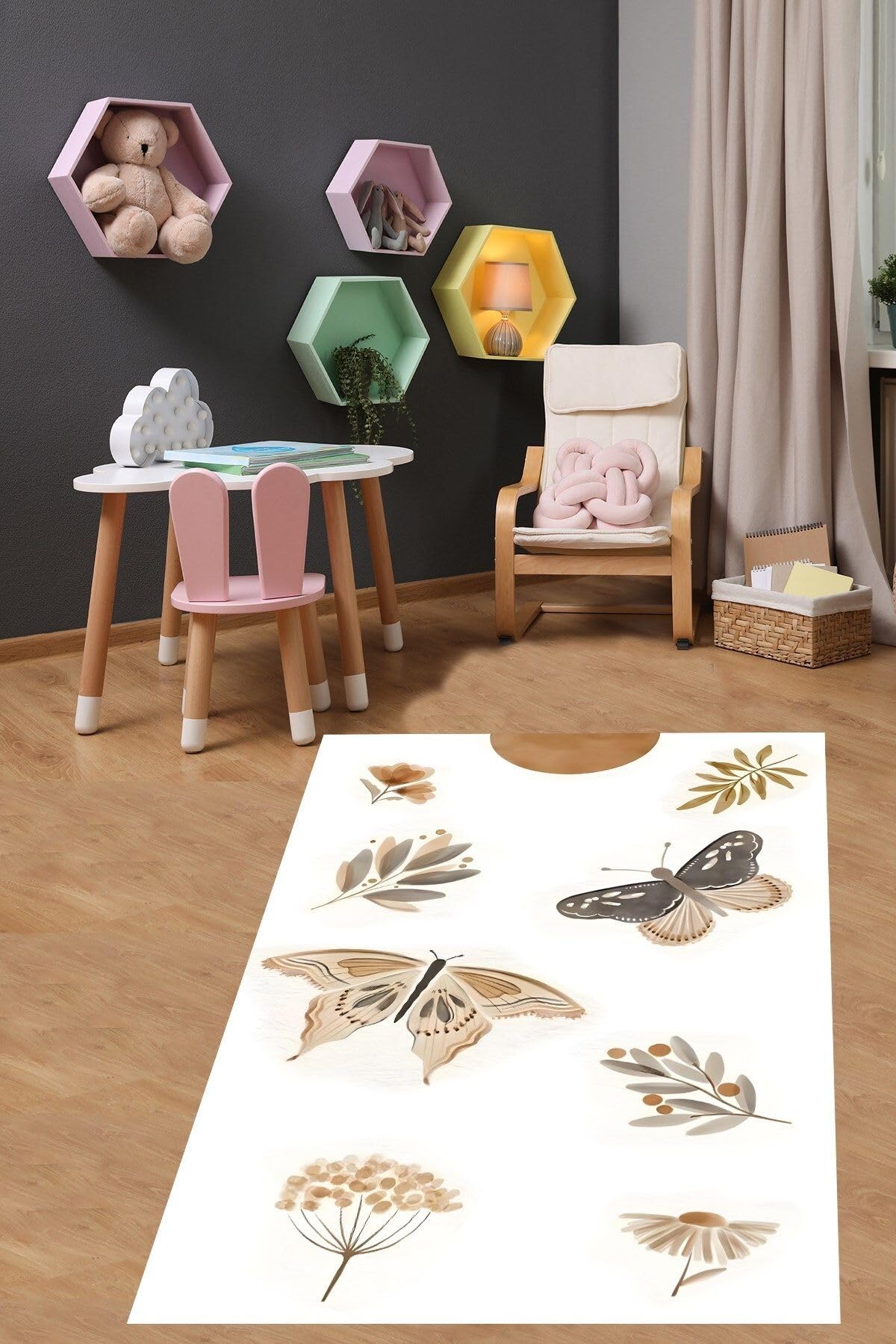 Pelangi Kelebek Desen Minimalist Yıkanabilir Kaymaz Taban Leke Tutmaz Çocuk Odası Halısı, Beyaz-Kahverengi-Bej 60 x 120, 764201196012005