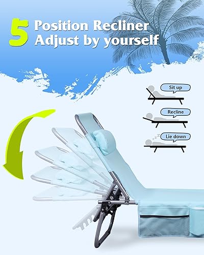 Miniatura 3 de WLIVE Silla de playa plegable de 5 posiciones con orificio frontal, silla de patio portátil para playa, piscina, silla de bronceado al aire libre,