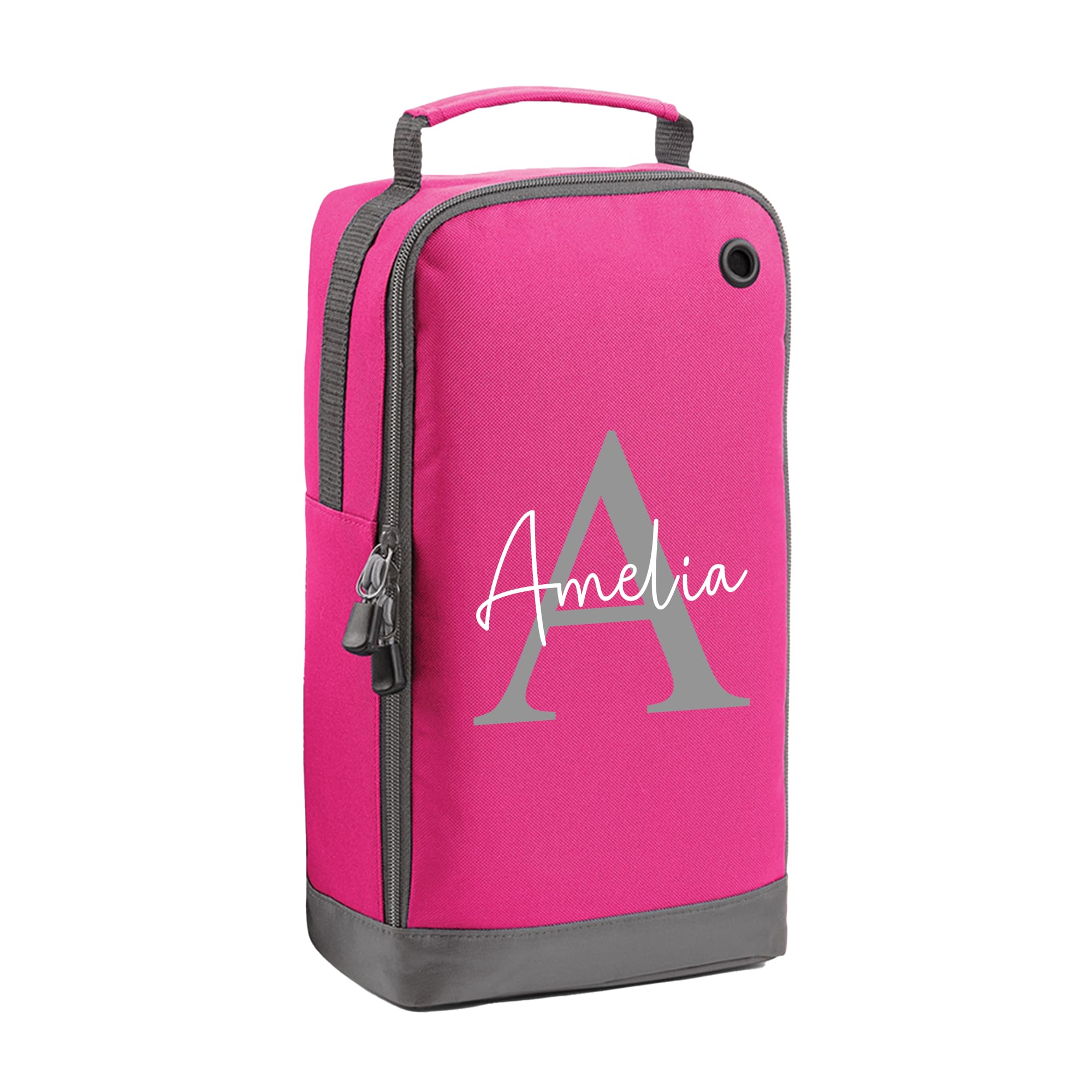 Personalised Kids Boot Bag with Custom Name - Grey Initial Design - Pink Shoe Bag for PE & School