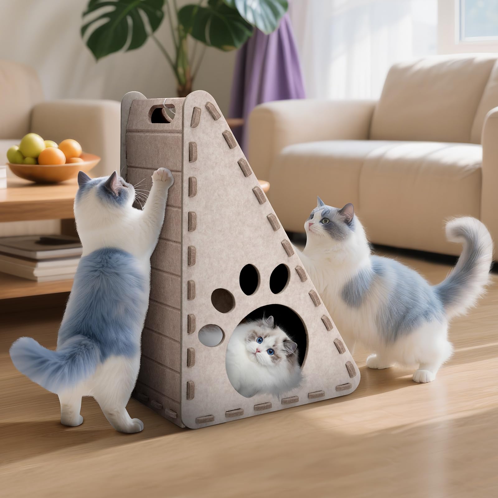 3 en 1 Rascador para gatos, rascar, jugar a descansar, fieltro triángulo casa de gato, fácil de limpiar (beige)