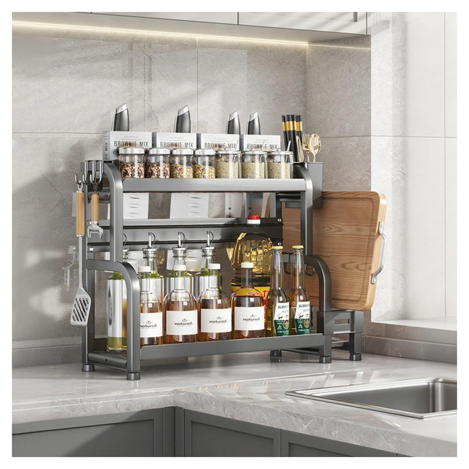 HADECOLL Tall Countertop Spice Rack Organizer, Carbon Steel Construction With Railing Design, For Cabinet Bathroom Pantry,Grey-2 Tier-50cm
