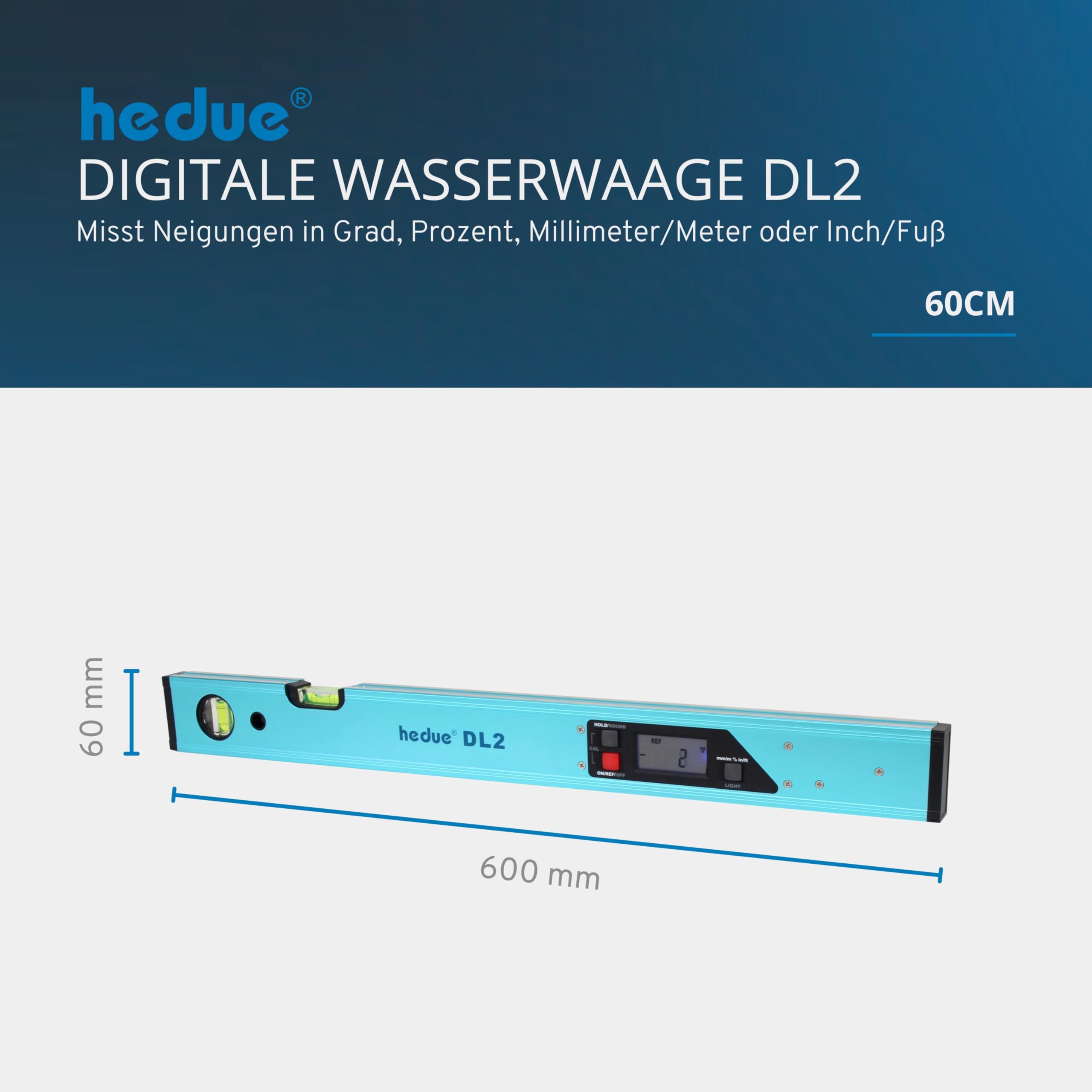 Digitale Wasserwaage DL2 - Wasserwaage 60 cm mit beleuchtetem LCD-Display, Neigungsmesser in Grad, Prozent, Millimeter/Meter oder Inch/Fuß