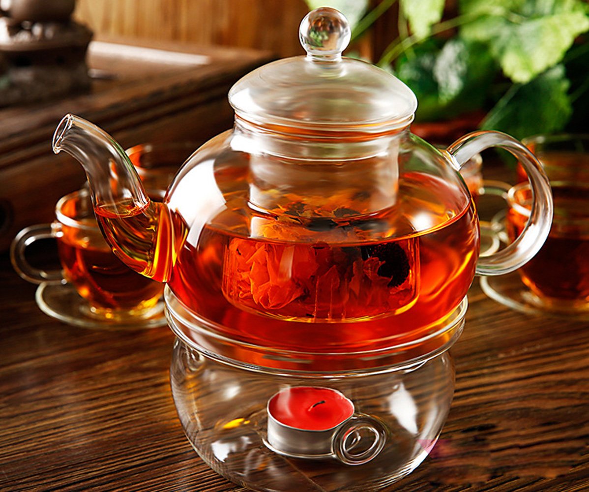 ZHCKyee New Version 28 OZ Glass Filtering Tea Maker Teapot with a Warmer and 6 Tea Cups Set