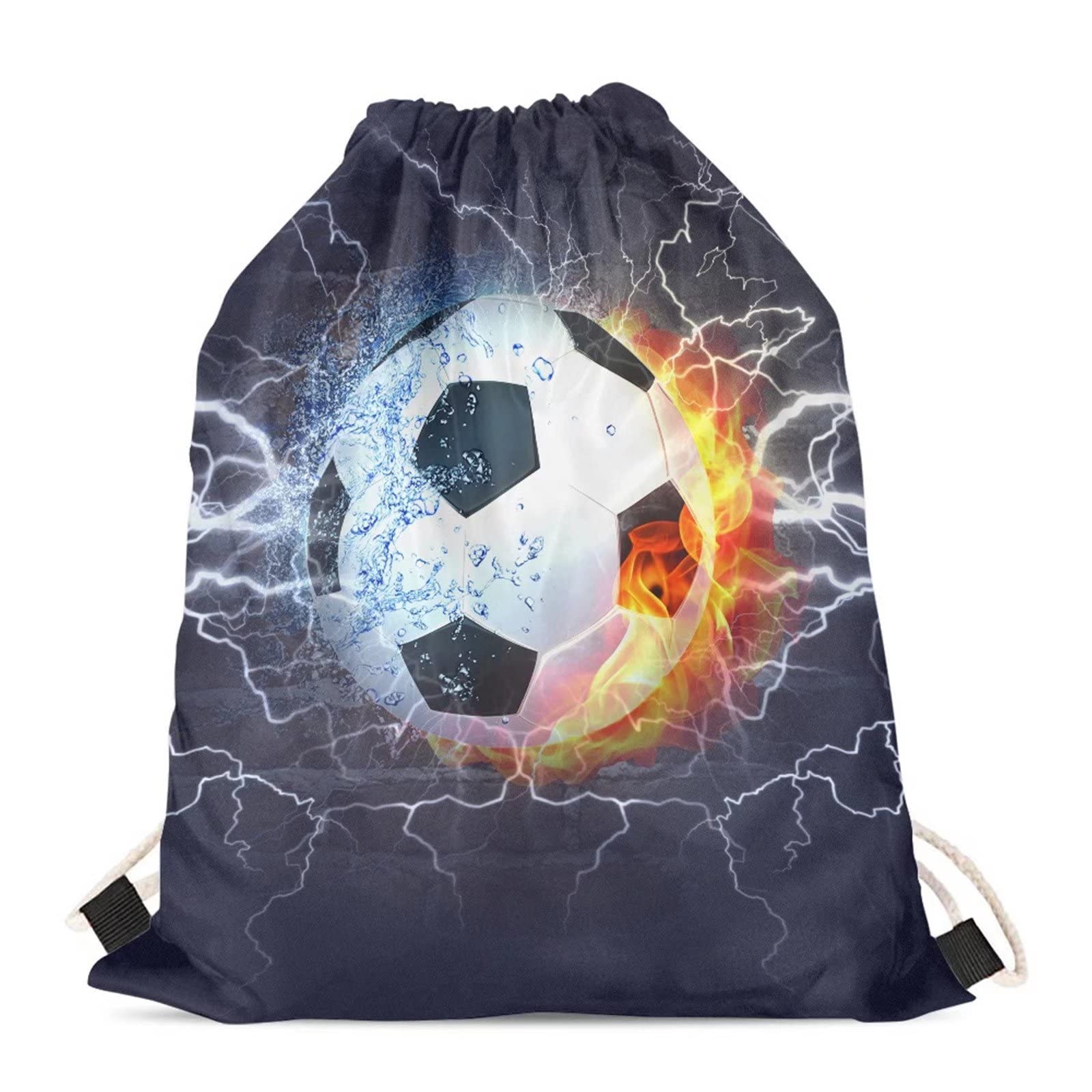 Showudesigns Football Drawstring Bags Swimming Bag for Kids Boys Girls String Cinch Sack Sport PE Gym Backpack Draw String Pouch Fire Water Designs