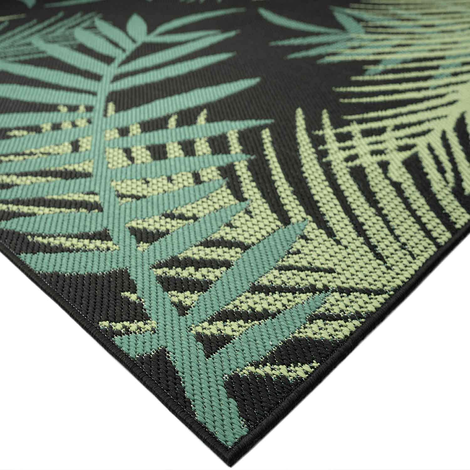 VIMODA Alfombra para interior y exterior para terrazas y balcones, diseño de palmeras, color negro, medidas: 140 x 200 cm