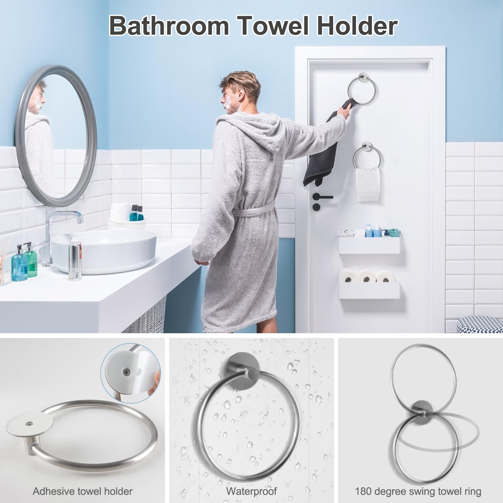 Towel Holder for Bathroom 2pcs Adhesive Towel Ring, Wall Mounted Hand Towel Holder Bathroom Towel Rack, Towel Hanger for Bath&Kitchen Towel Organizer, Stainless Steel Rustproof Bath Accessories…