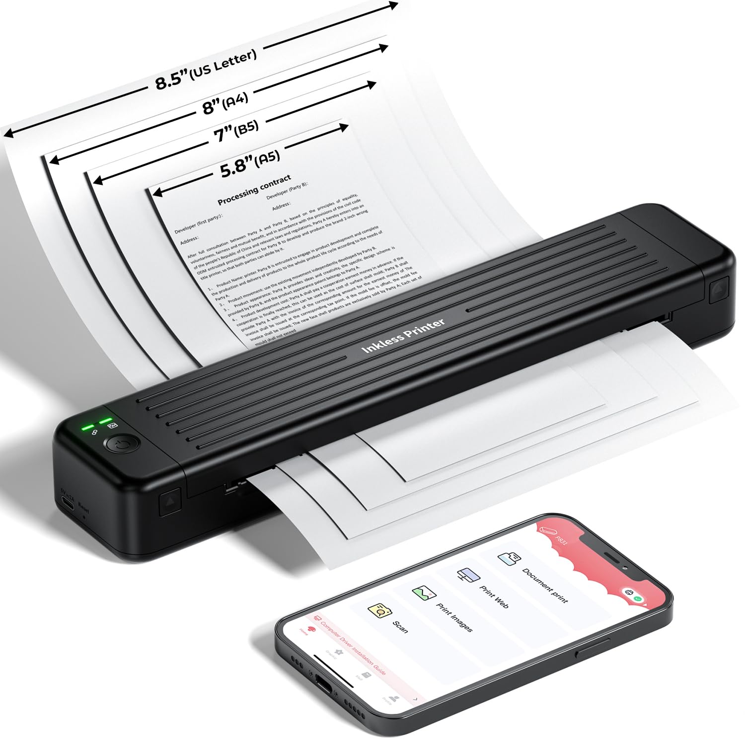 ASprink P831 przenośna drukarka A4 w podróży, mała drukarka Bluetooth, do liter US Letter, A4/B5/A5, mała drukarka do zwykłego papieru/papieru termicznego, czarna