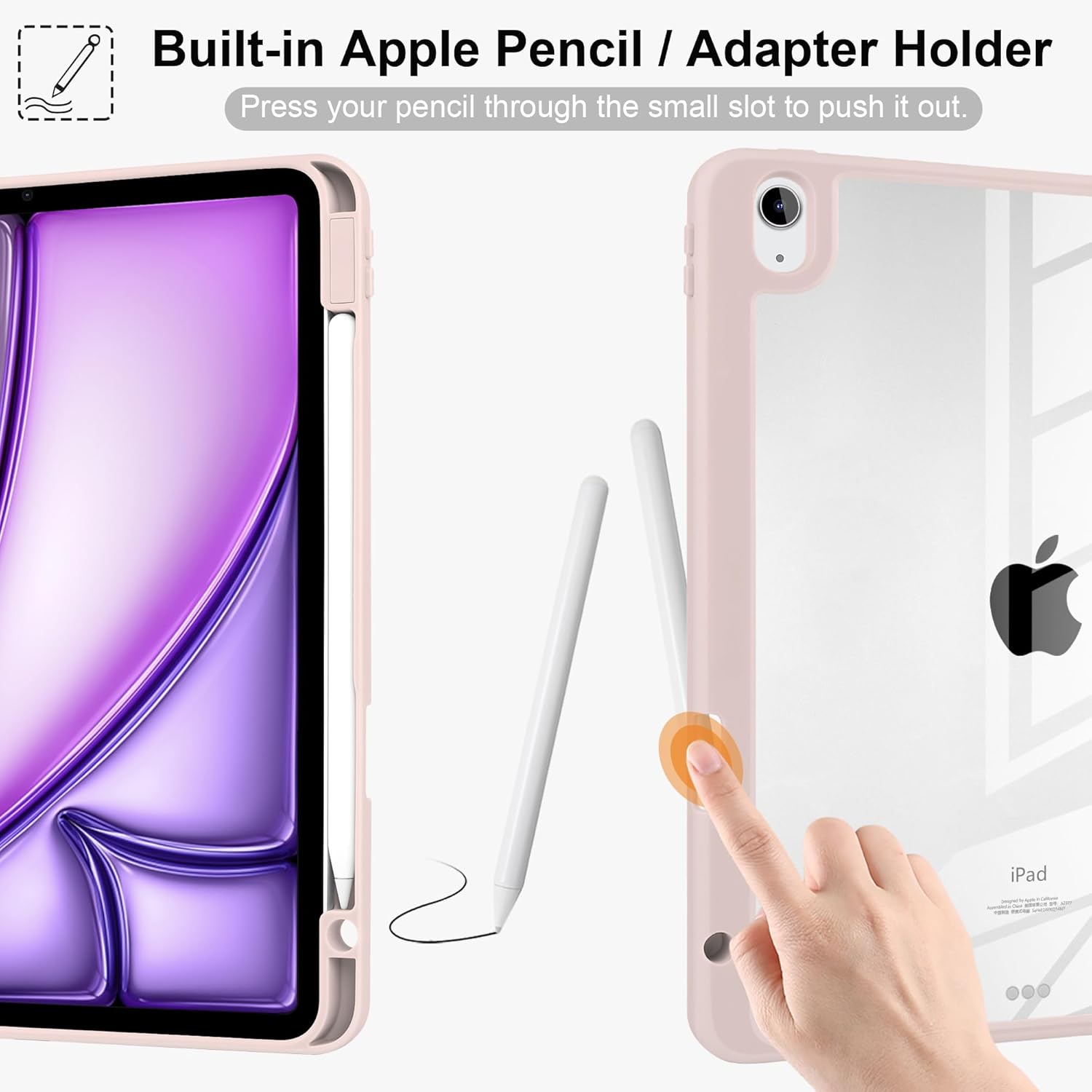 Batianda Designed Case for New iPad (A16) 11 inch 2025 / iPad 10th 10.9-inch 2022 [Built-in Pencil Holder] Shockproof Cover with Clear Transparent Back Shell TPU Bumper Auto Sleep/Wake, Pink Relief