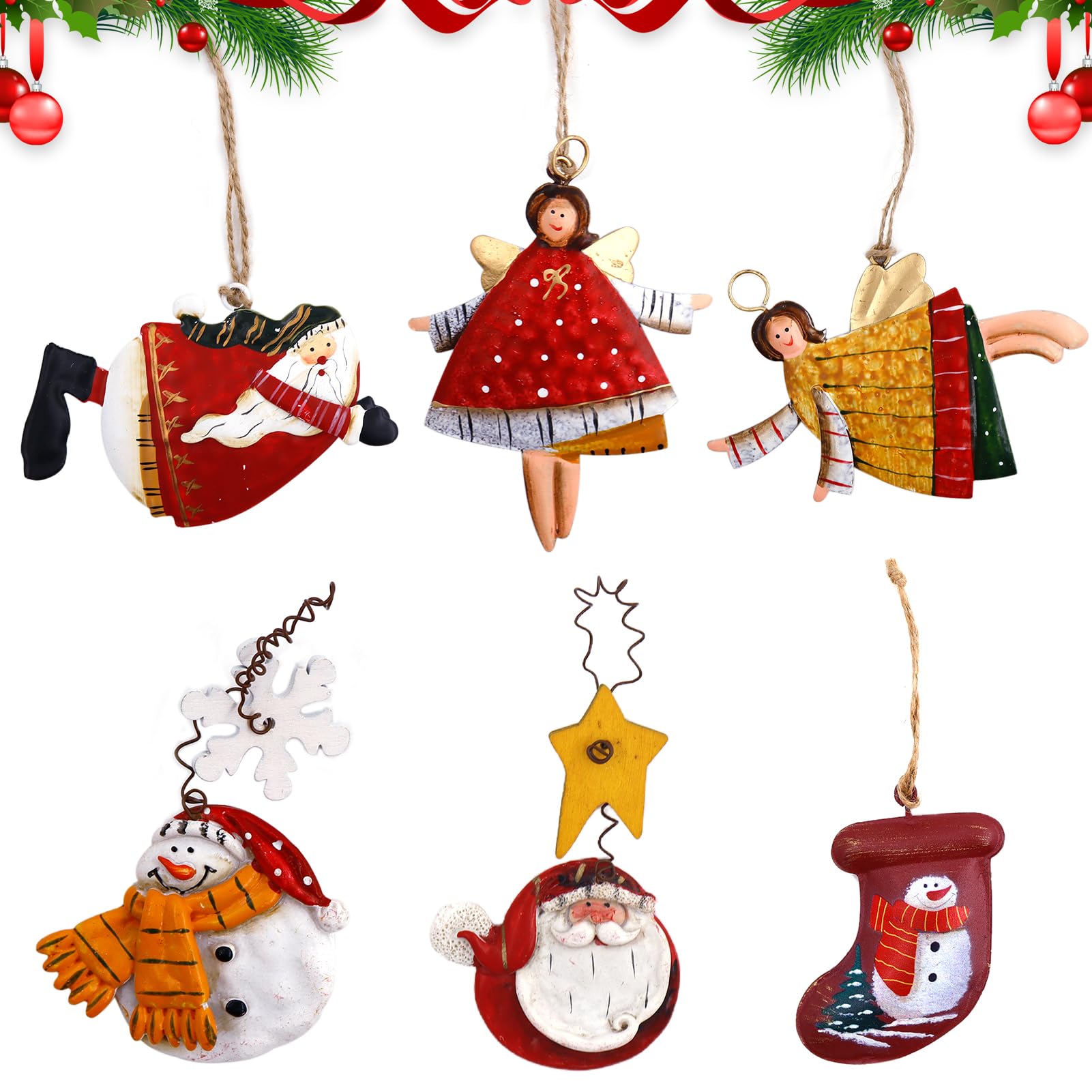 6 colgantes de metal para el árbol de Navidad, adornos de metal para colgar en Navidad, decoración navideña con muñeco de nieve, Papá Noel y ángel de la guarda, personalizados