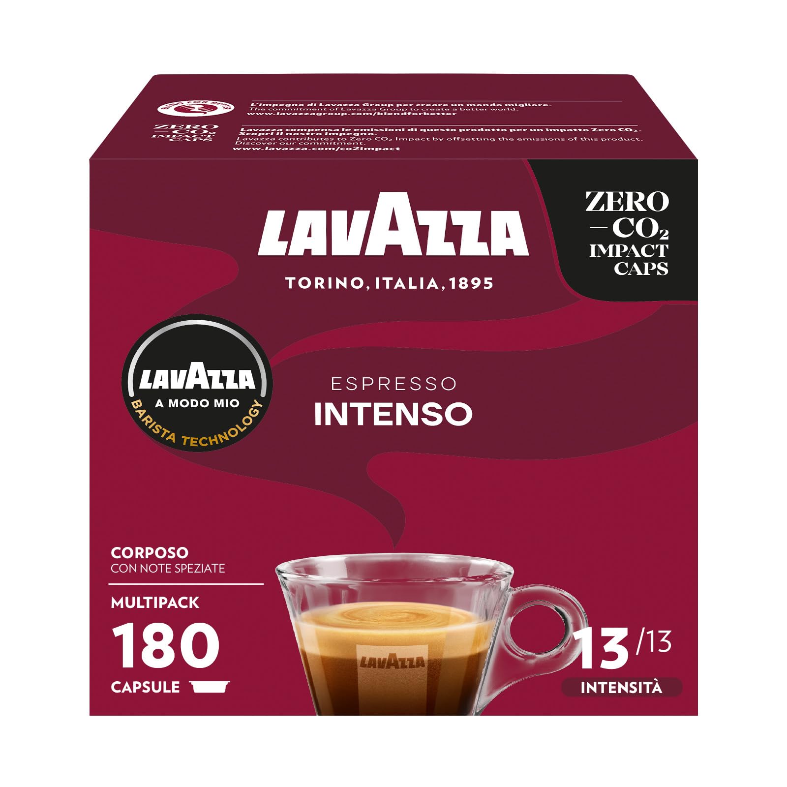 Lavazza A Modo Mio Espresso Intenso, 180 Capsule Caffè, per un Espresso con Note Aromatiche di Cacao e Spezie, Arabica e Robusta, Intensità 13/13, Tostatura Media, 5 Confezioni da 36 Capsule