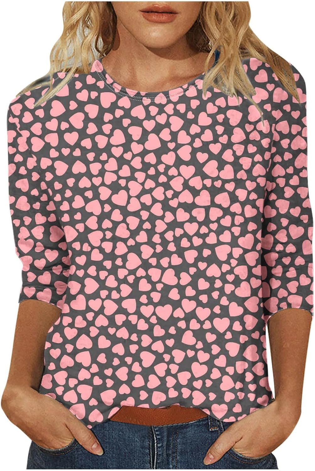 Valentines Day Shirts for Women 2025 Love Heart Print Crewneck Sweatshirt 3/4 Sleeve Tunic Blouse Trendy Loose