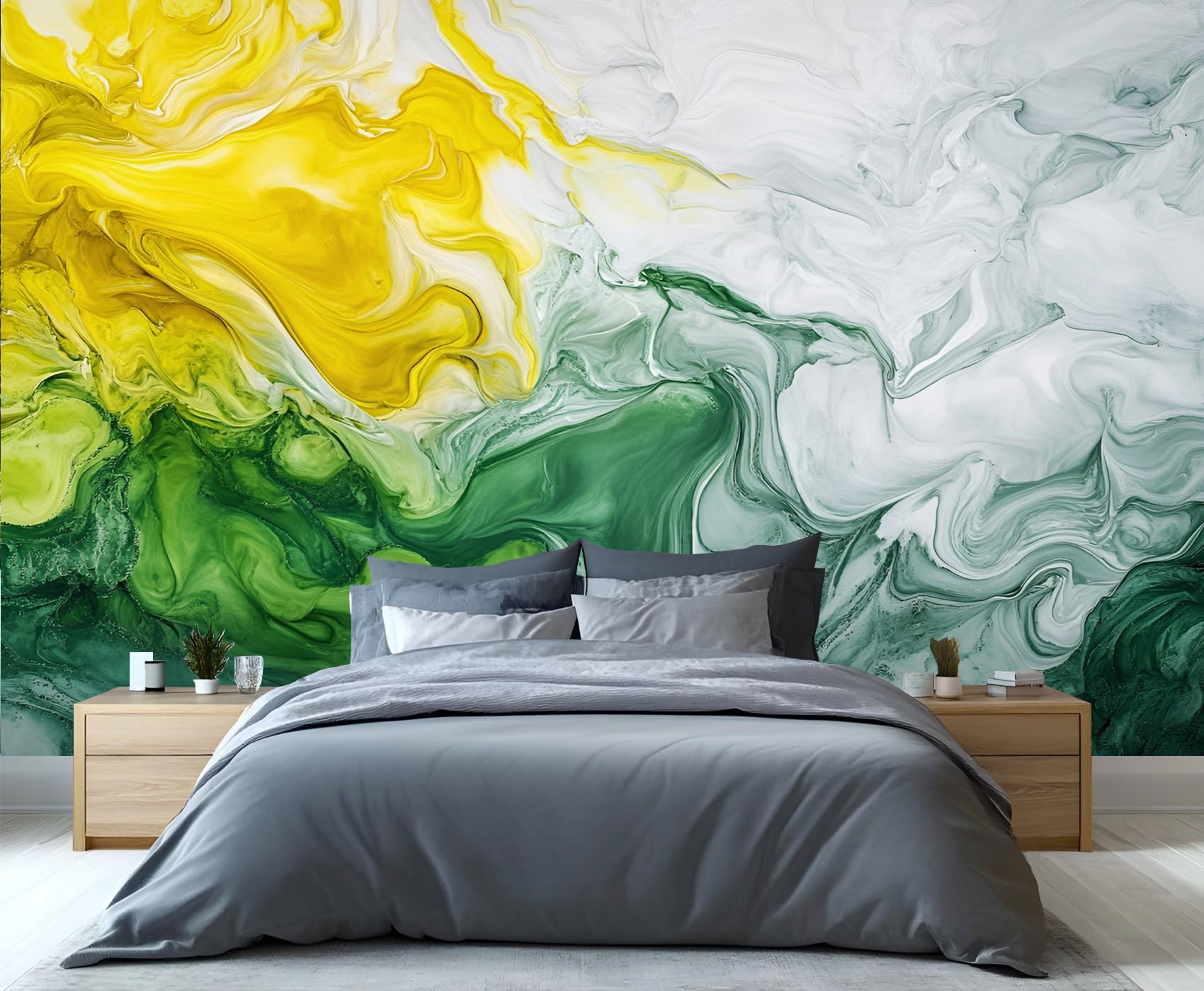 YXQAIED Wallpaper - Marble Home Decor & Mural, Abstract Bedroom Wallpaper, Yellow White and Green Wallpapers for Living Room, Not Self-Adhesive Large Wall Murals