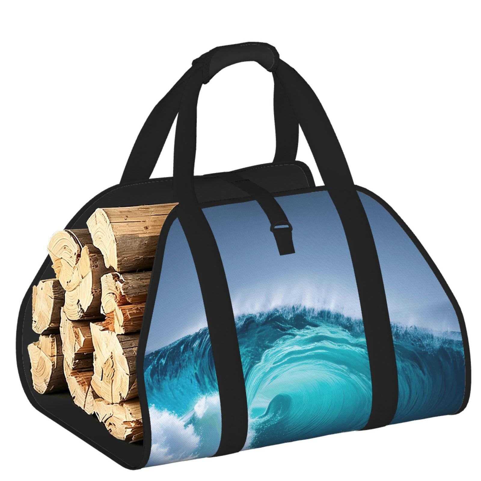Ayyqwe Black Ocean Wave Print Firewood Bag Wood Waterproof Versatile Camping Picnic Storage Daily Home