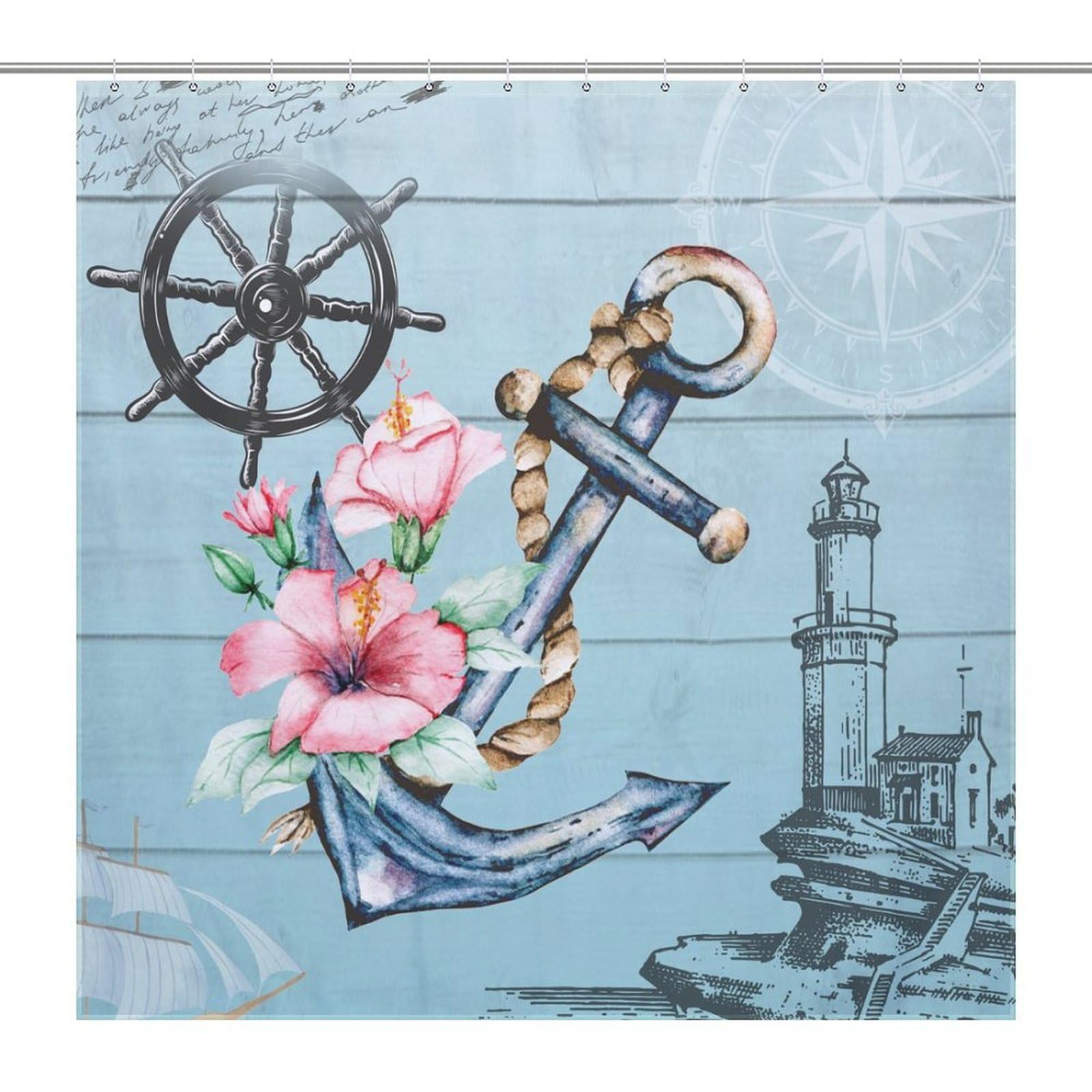 BenYaSong Coastal Anchor Shower Curtain Nautical Lighthouse Sailboat Wheel Compass Starfish Seashell Navy Blue Wooden Polyester Waterproof Cloth Bathroom Curtain with 12 Hooks 66x72Inch（168x183cm）