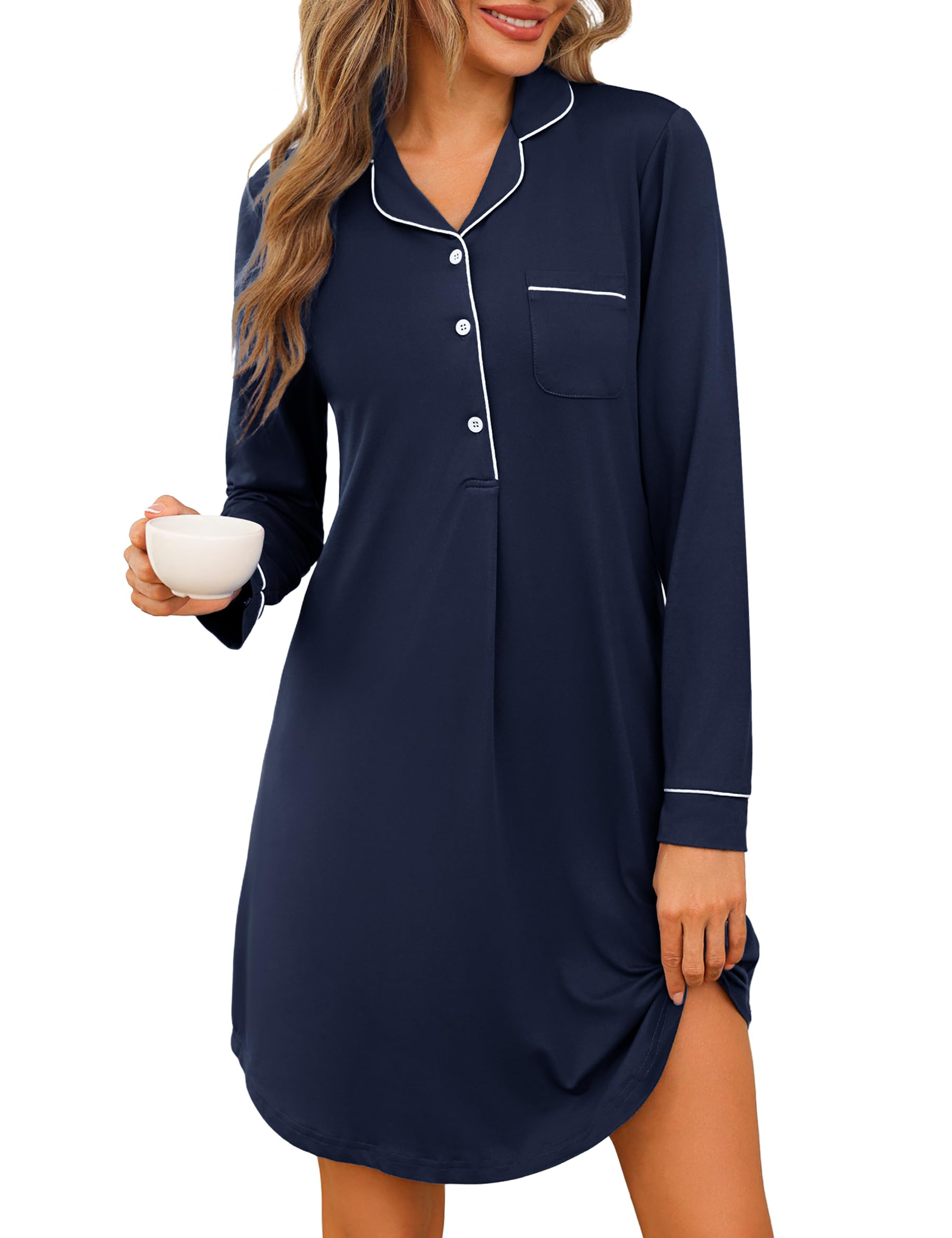 Jahetuul Camicia da Notte Donna Manica Lunga Cotone | con Bottoni e Scollo a V Confortevole Abito da Notte Aperta Davanti