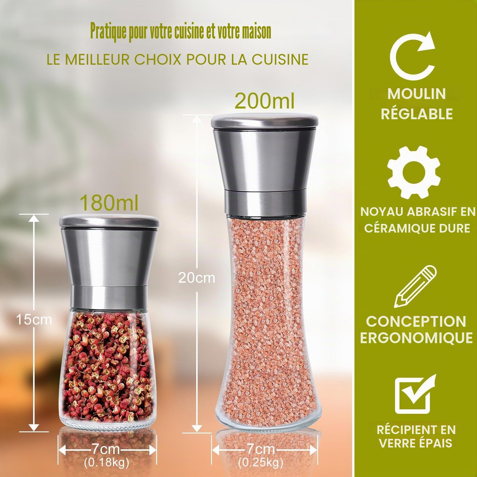 Gucass 4 Pcs Moulins à Poivre et Sel, Acier Inoxydable Verre Meule en Céramique Réglable Broyeur à Épices, Salières et Poivrières, Moulin À Épices, Idéal pour Moudre et Recharger Sel, Poivre et Piment