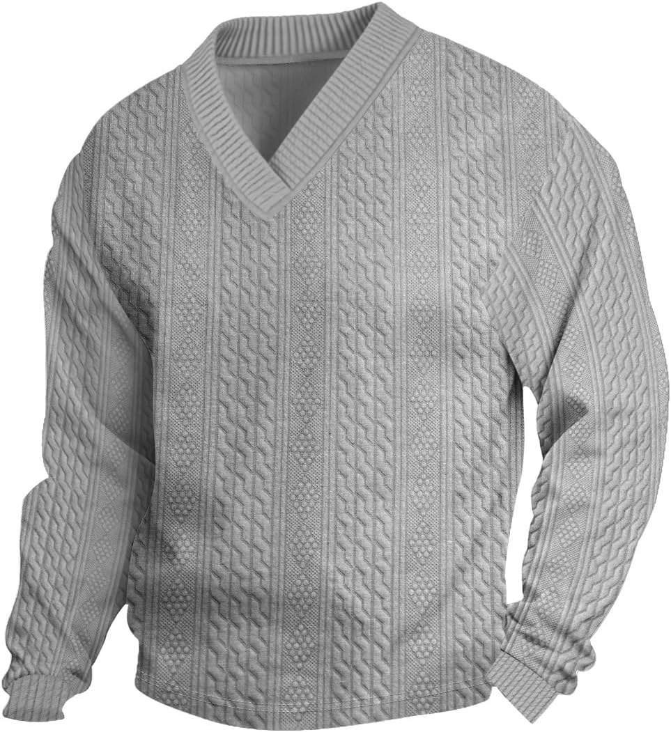 Mens Casual Sweaters Textured Pullover V Neck Sweater Pullover Long Sleeve Lightweight Sweaters Sweatshirts Top Grey Large