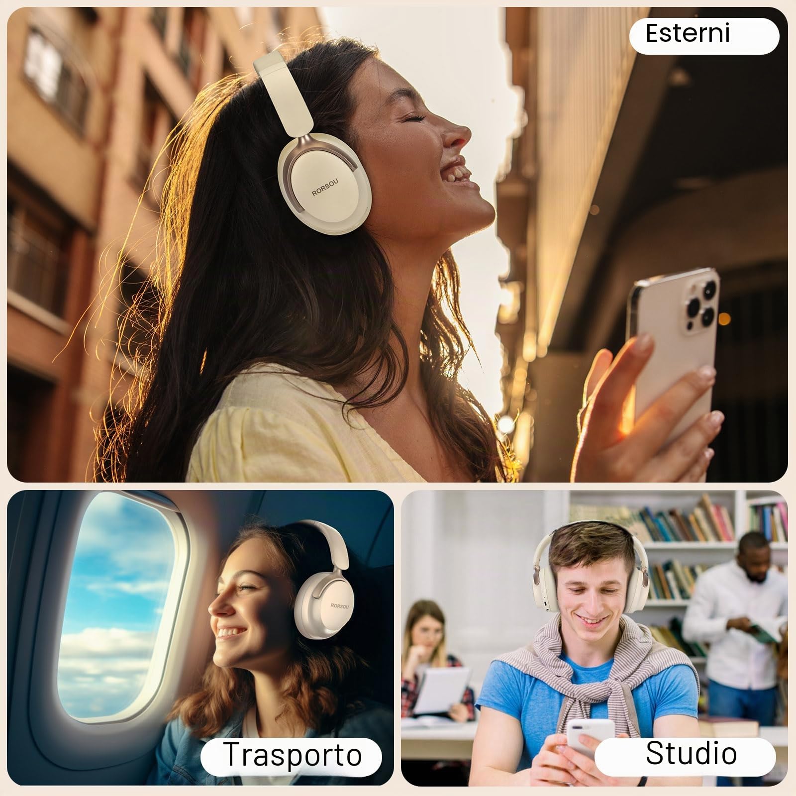 B8 Cuffie Bluetooth su orecchio, 6 EQ modalità musicale e cuffie basse basse profonde da 50 ore con microfono, leggero Stereo pieghevole HiFi beige bianco