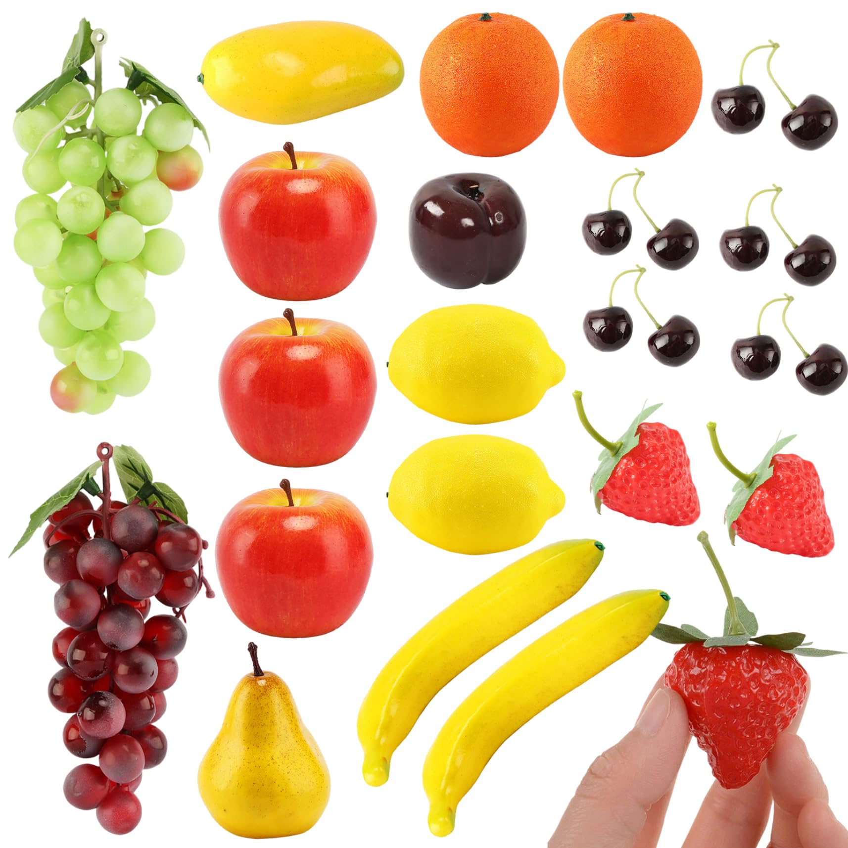 21 pezzi di frutta artificiale che sembrano reali, realistici in schiuma, uva, banane, per la cucina del Ringraziamento, tavolo da pranzo, cestino, decorazioni, display, oggetti di scena per la fotog